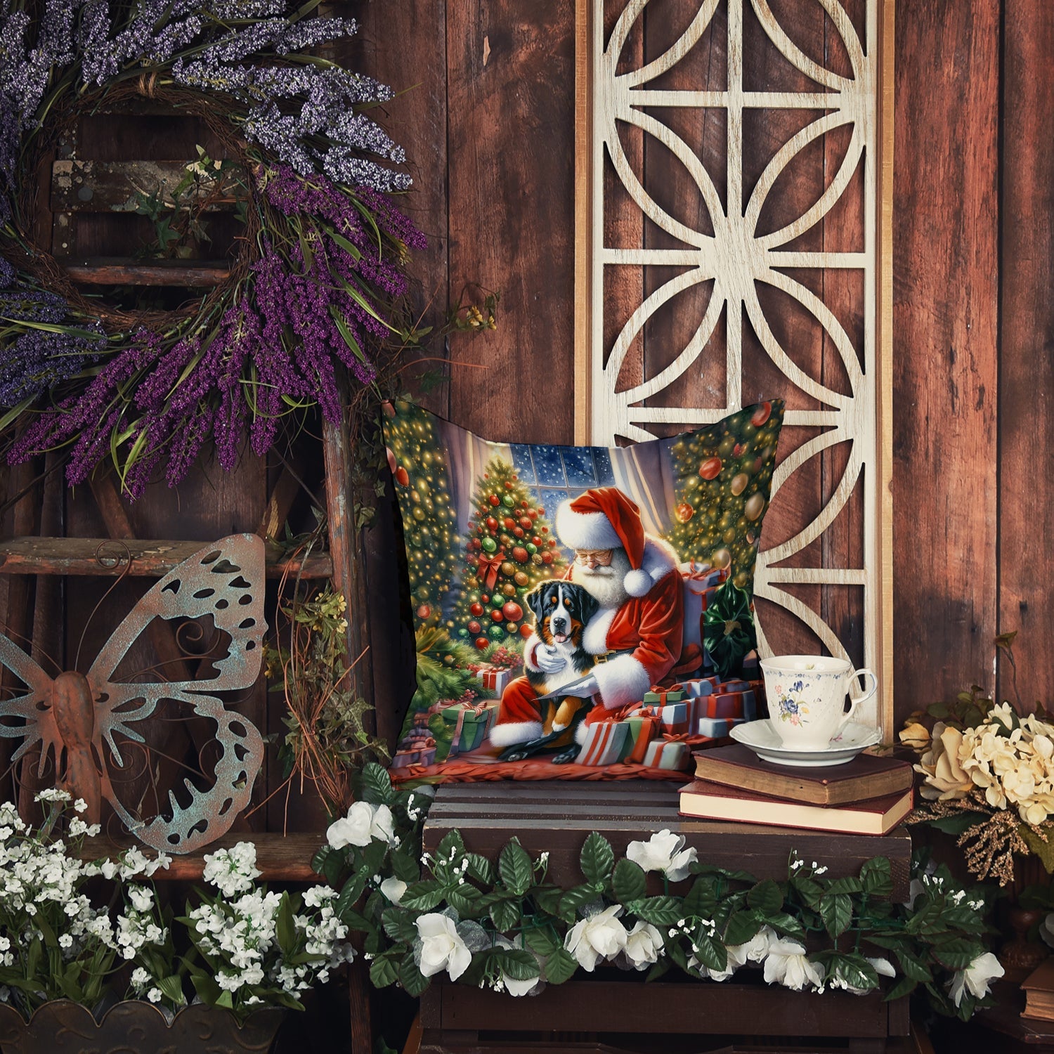 Greater Swiss Mountain Dog and Santa Claus Decorative Throw Pillow 18x18 Indoor Outdoor Accent Cushion, Fabric Cover with Insert for Sofa, Bed, Porch & Living Room