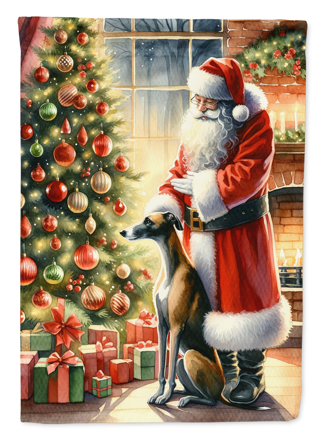 Greyhound and Santa Claus House Flag 28x40 Porch Sleeve Pole Decorative Outside Yard Banner Artwork Wall Hanging, Polyester