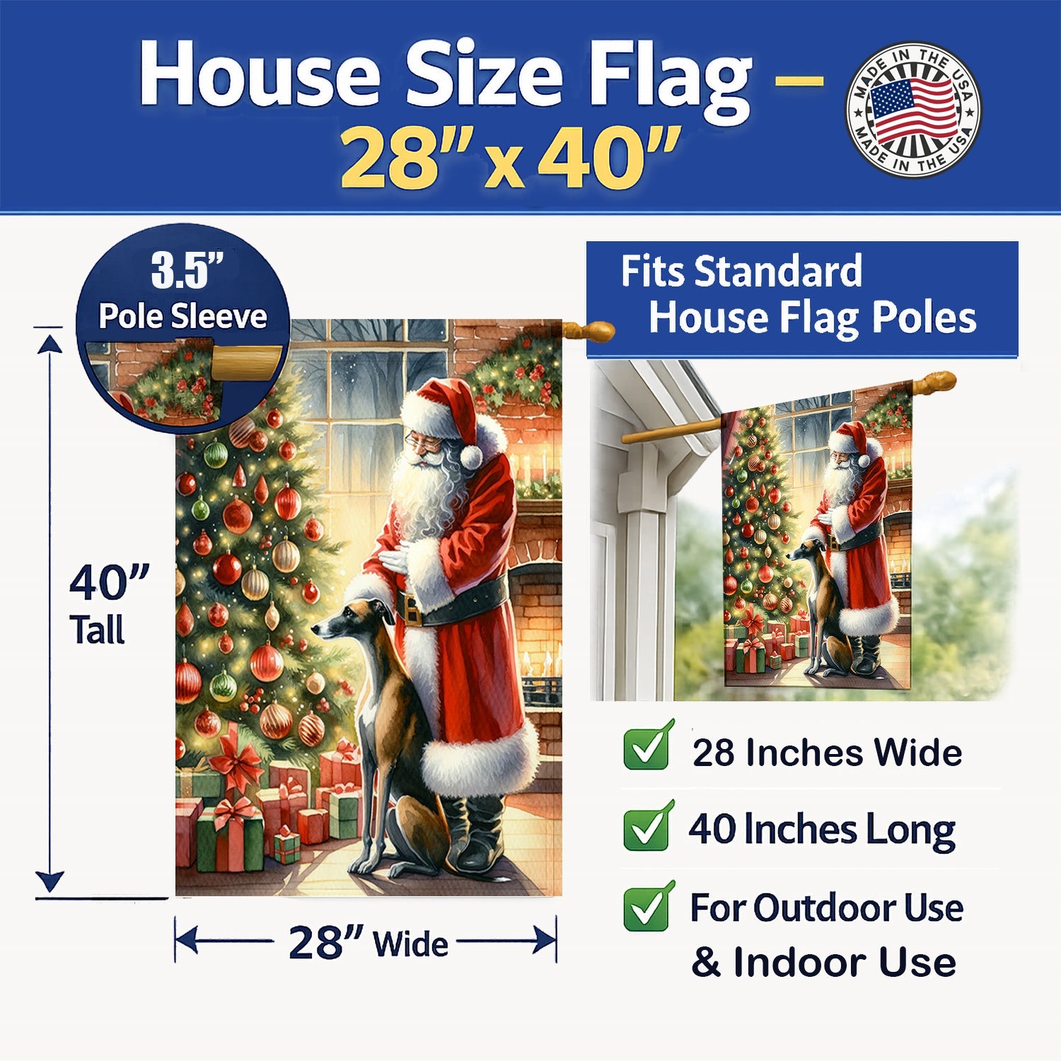 Greyhound and Santa Claus House Flag 28x40 Porch Sleeve Pole Decorative Outside Yard Banner Artwork Wall Hanging, Polyester
