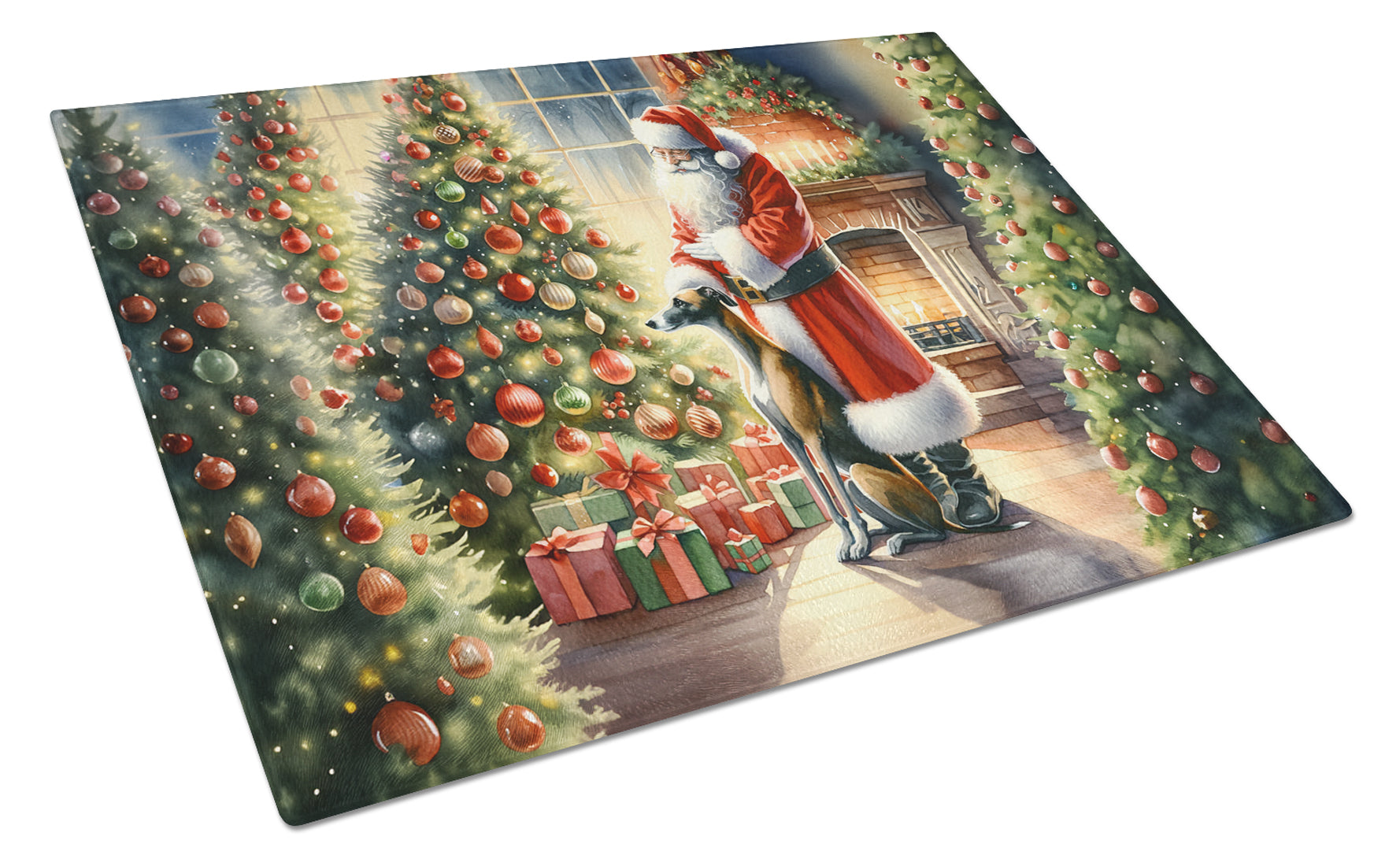 Greyhound and Santa Claus Cutting Board Tempered Glass Kitchen Cutting Surface, Heat Resistant Chopping, Non-Slip Feet, Food Prep & Serving