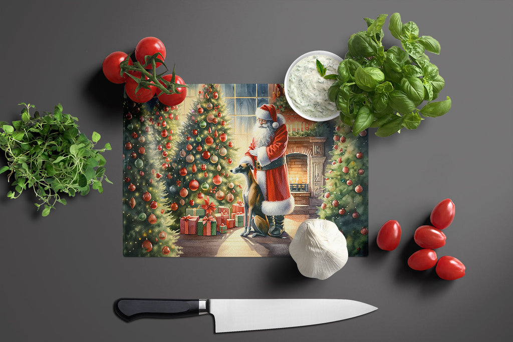 Greyhound and Santa Claus Cutting Board Tempered Glass Kitchen Cutting Surface, Heat Resistant Chopping, Non-Slip Feet, Food Prep & Serving
