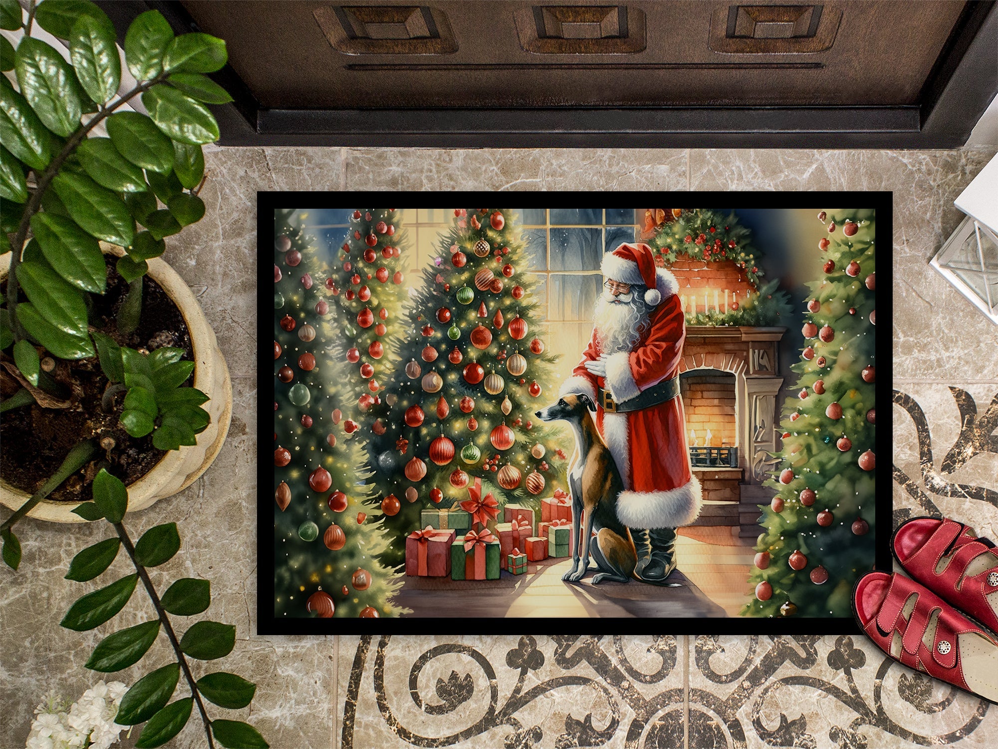 Greyhound and Santa Claus Doormat Indoor Outdoor 18H X 27W Front Door Mat Rugs for Entryway, Non Slip Washable