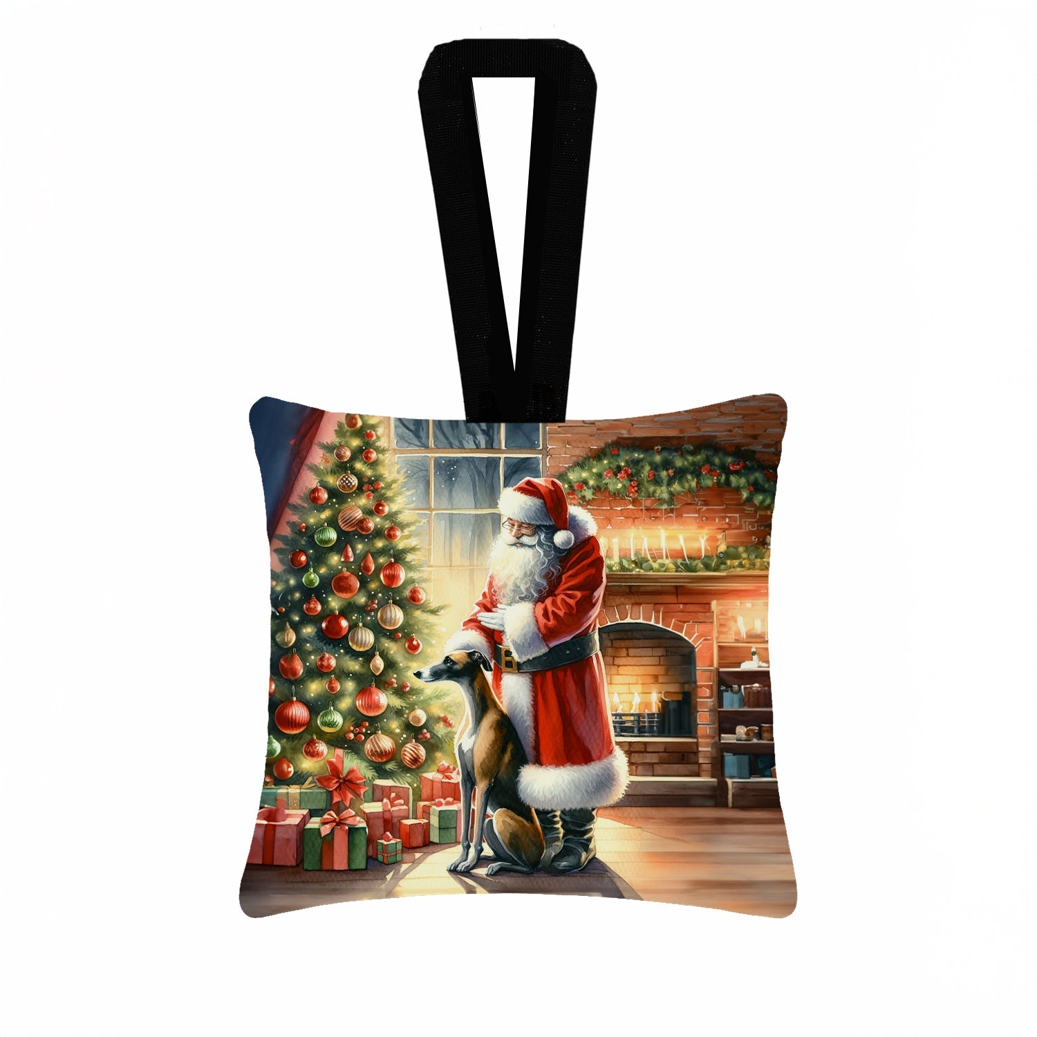 Greyhound and Santa Claus Hanging Square Fabric Ornament 3.5 × 3.5 Decorative Door-Knob & Tree Hanger, Soft Fabric