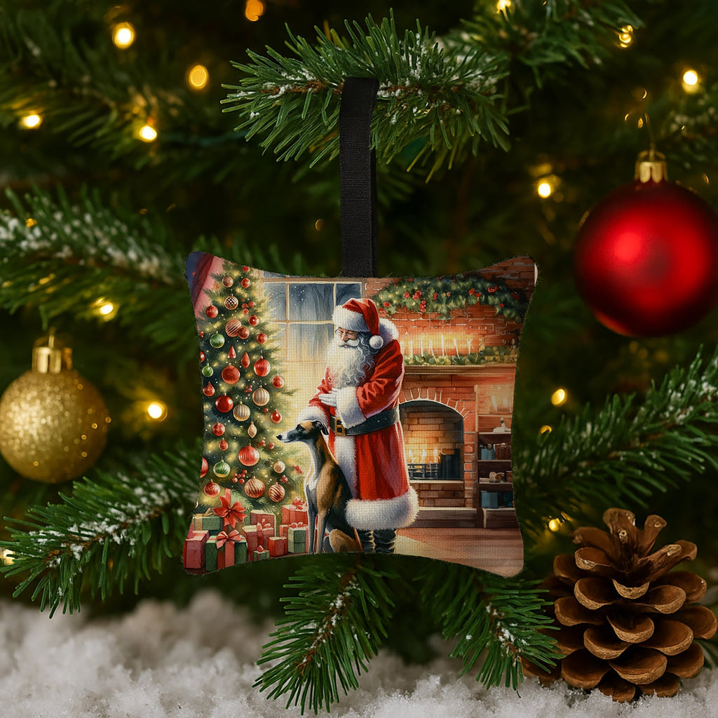 Greyhound and Santa Claus Hanging Square Fabric Ornament 3.5 × 3.5 Decorative Door-Knob & Tree Hanger, Soft Fabric