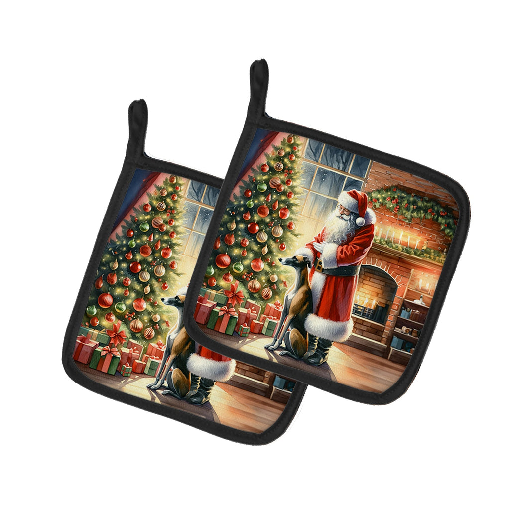 Greyhound and Santa Claus Pot Holder Set of 2 Heat Resistant Quilted Hot Pads 7.5 x 7.5 Inch, Insulated Kitchen Trivets for Cooking & Baking