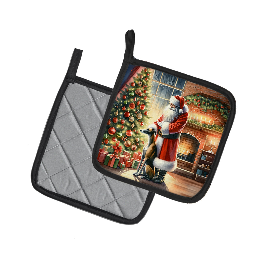 Greyhound and Santa Claus Pot Holder Set of 2 Heat Resistant Quilted Hot Pads 7.5 x 7.5 Inch, Insulated Kitchen Trivets for Cooking & Baking