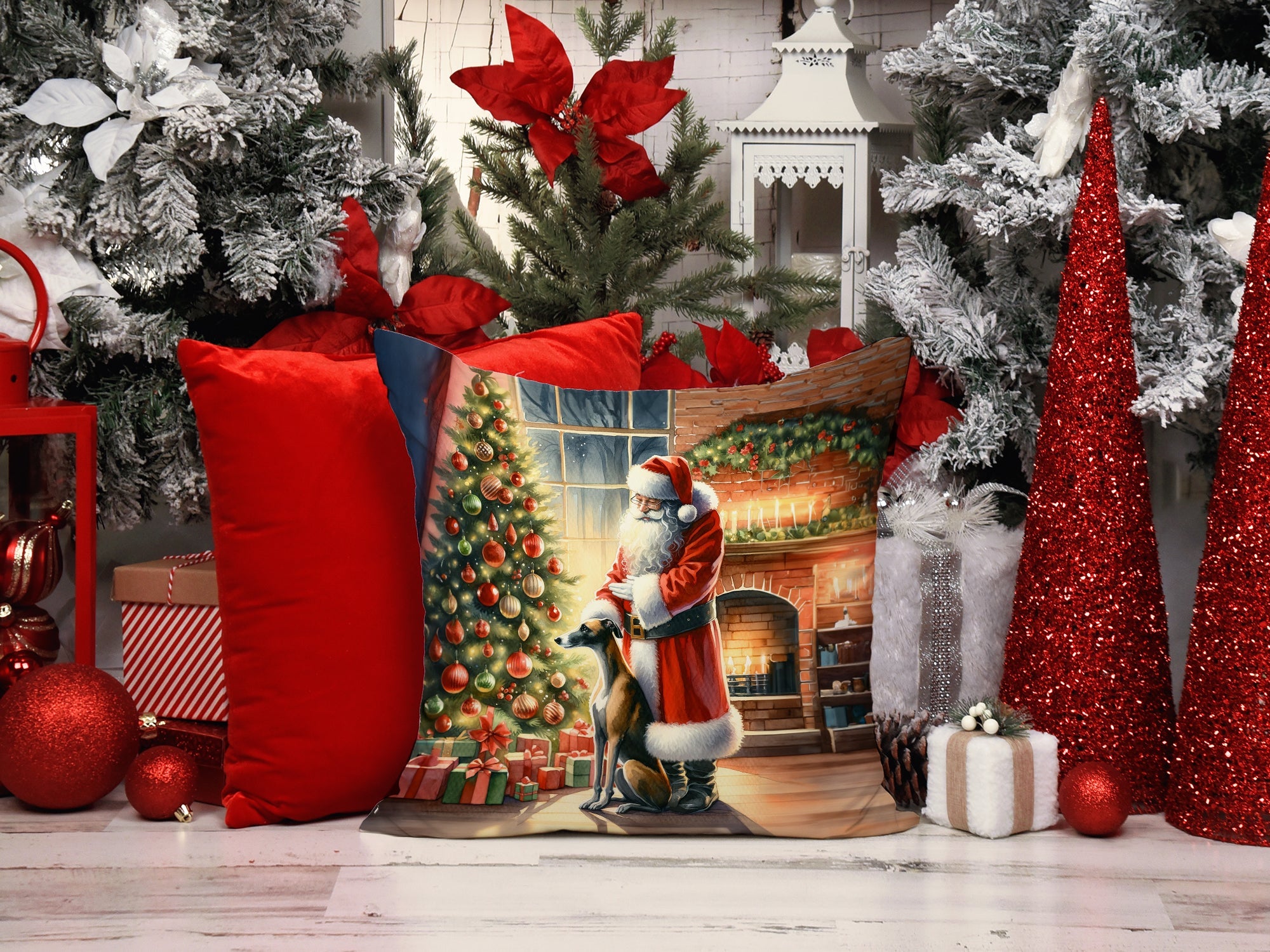 Greyhound and Santa Claus Decorative Throw Pillow 14x14 Indoor Outdoor Accent Cushion, Fabric Cover with Insert for Sofa, Bed, Porch & Living Room