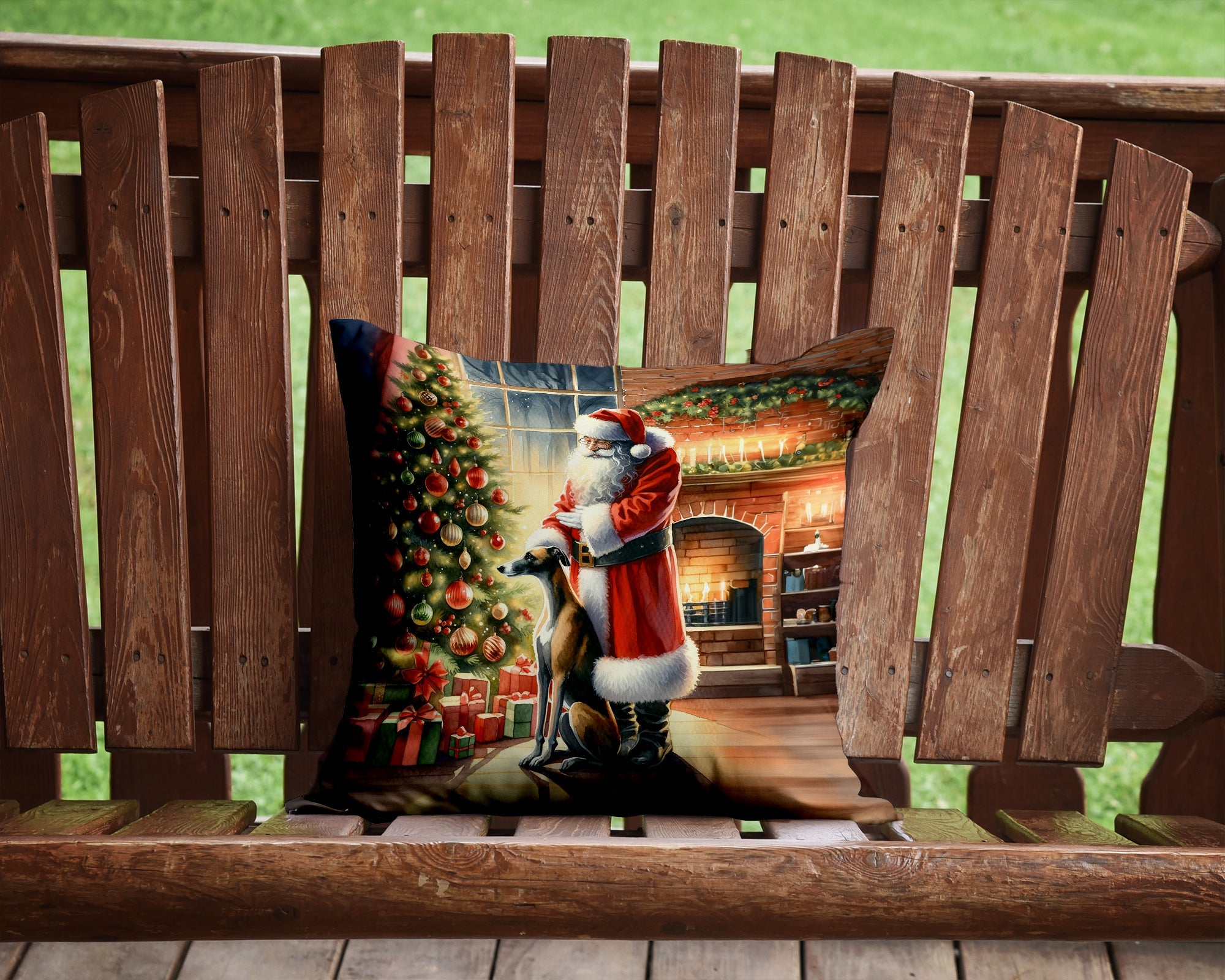 Greyhound and Santa Claus Decorative Throw Pillow 14x14 Indoor Outdoor Accent Cushion, Fabric Cover with Insert for Sofa, Bed, Porch & Living Room