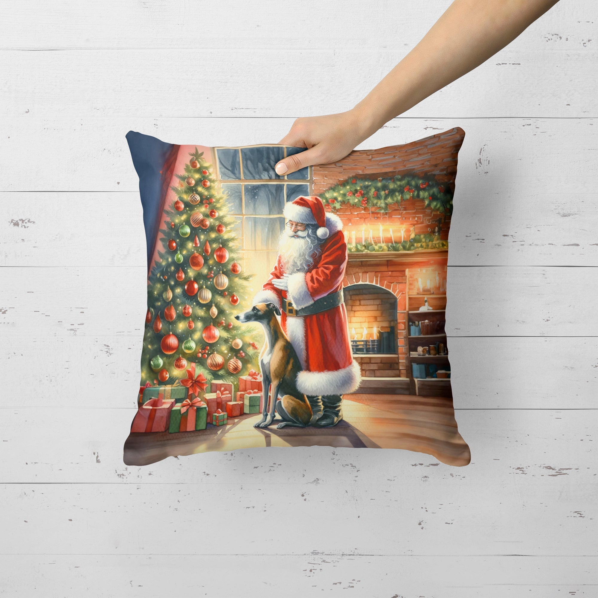 Greyhound and Santa Claus Decorative Throw Pillow 18x18 Indoor Outdoor Accent Cushion, Fabric Cover with Insert for Sofa, Bed, Porch & Living Room