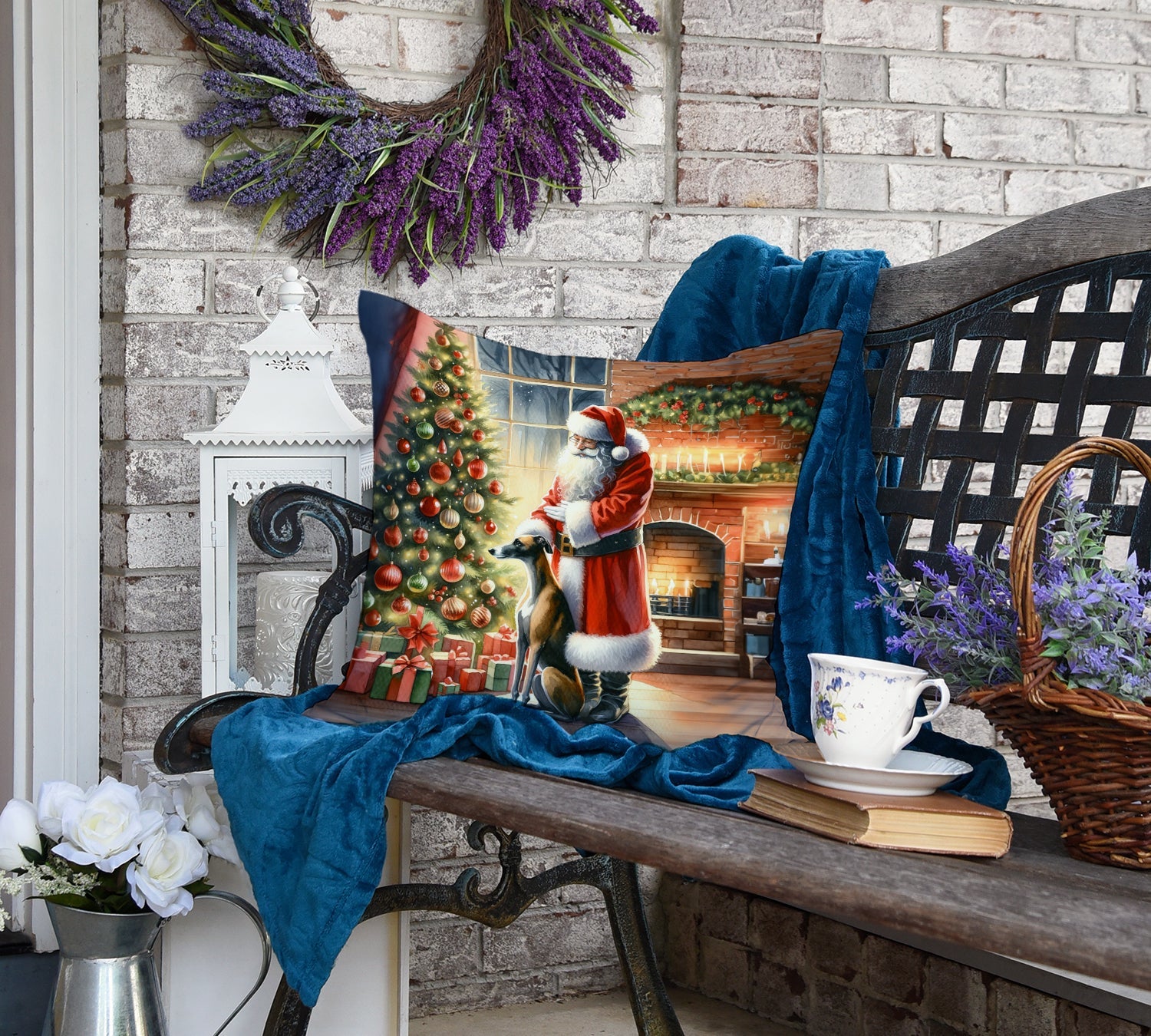 Greyhound and Santa Claus Decorative Throw Pillow 18x18 Indoor Outdoor Accent Cushion, Fabric Cover with Insert for Sofa, Bed, Porch & Living Room