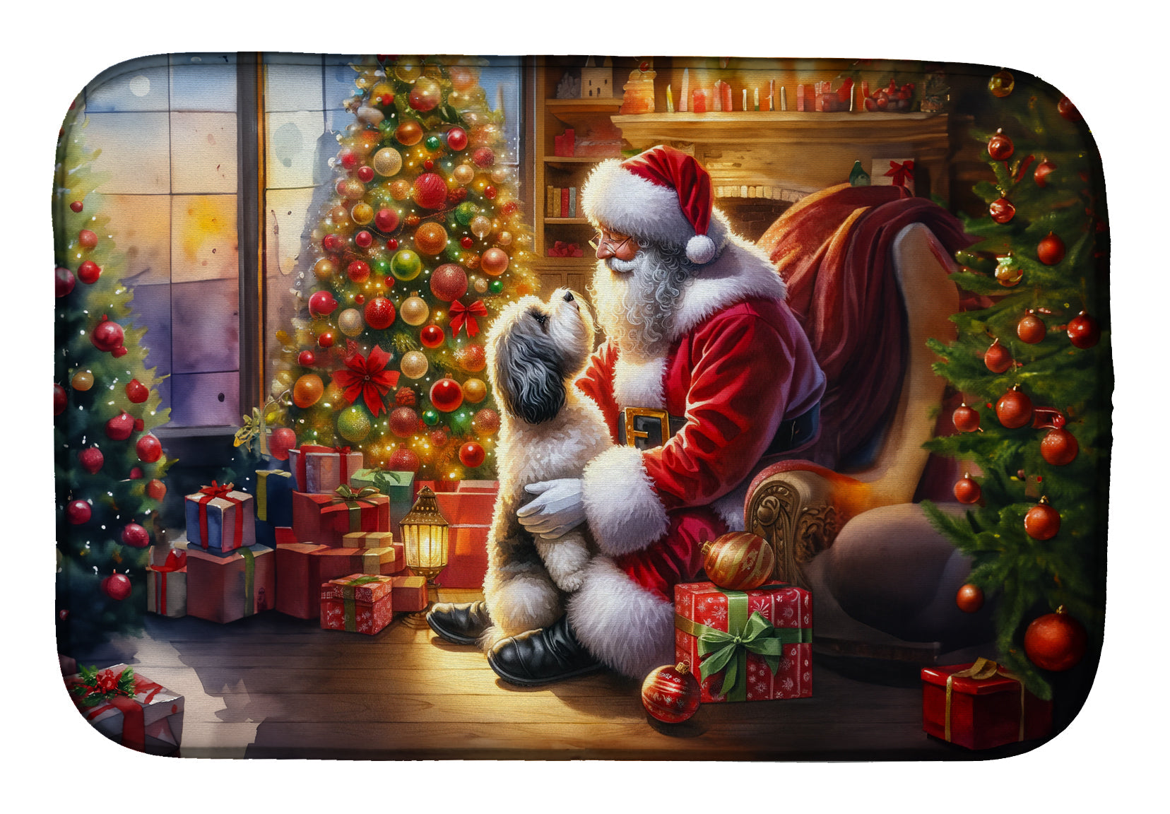 Havanese and Santa Claus Dish Drying Mat Absorbent Dish Drying Mat Pad for Kitchen Counter Dish Drainer Mat for Countertop, 14 x 21", Multicolor