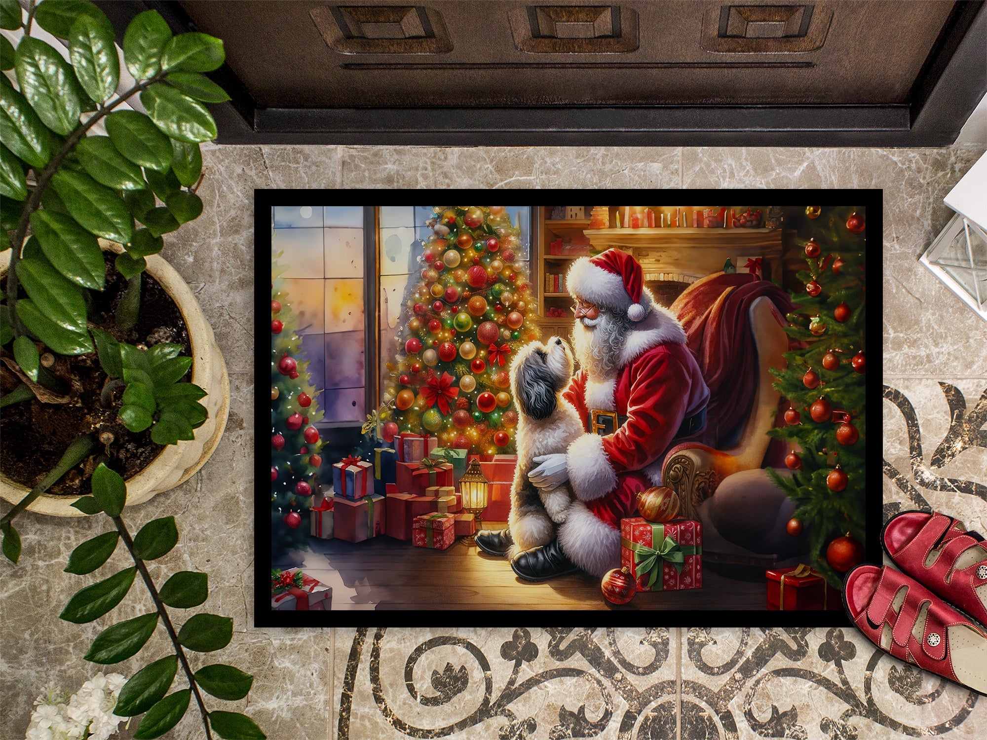 Havanese and Santa Claus Doormat Indoor Outdoor 24H X 36W Front Door Mat Rugs for Entryway, Non Slip Washable Low Pile,