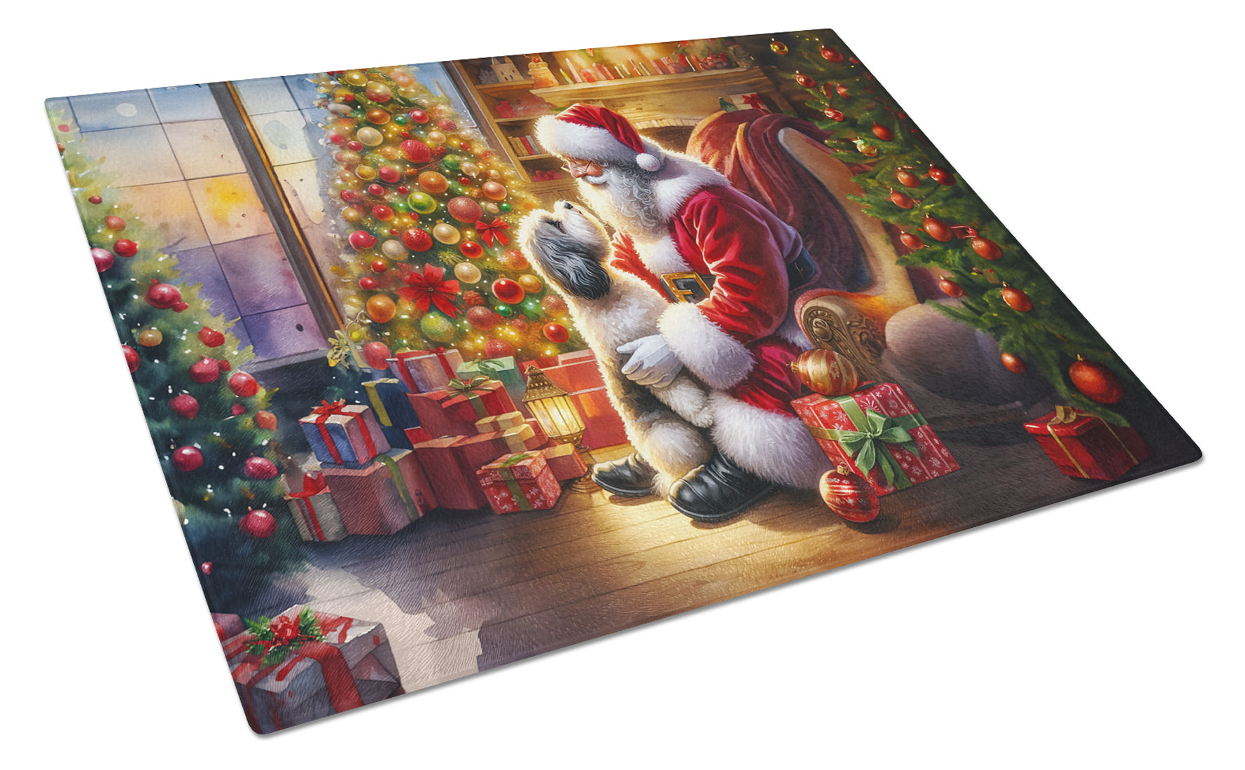 Havanese and Santa Claus Cutting Board Tempered Glass Kitchen Cutting Surface, Heat Resistant Chopping, Non-Slip Feet, Food Prep & Serving
