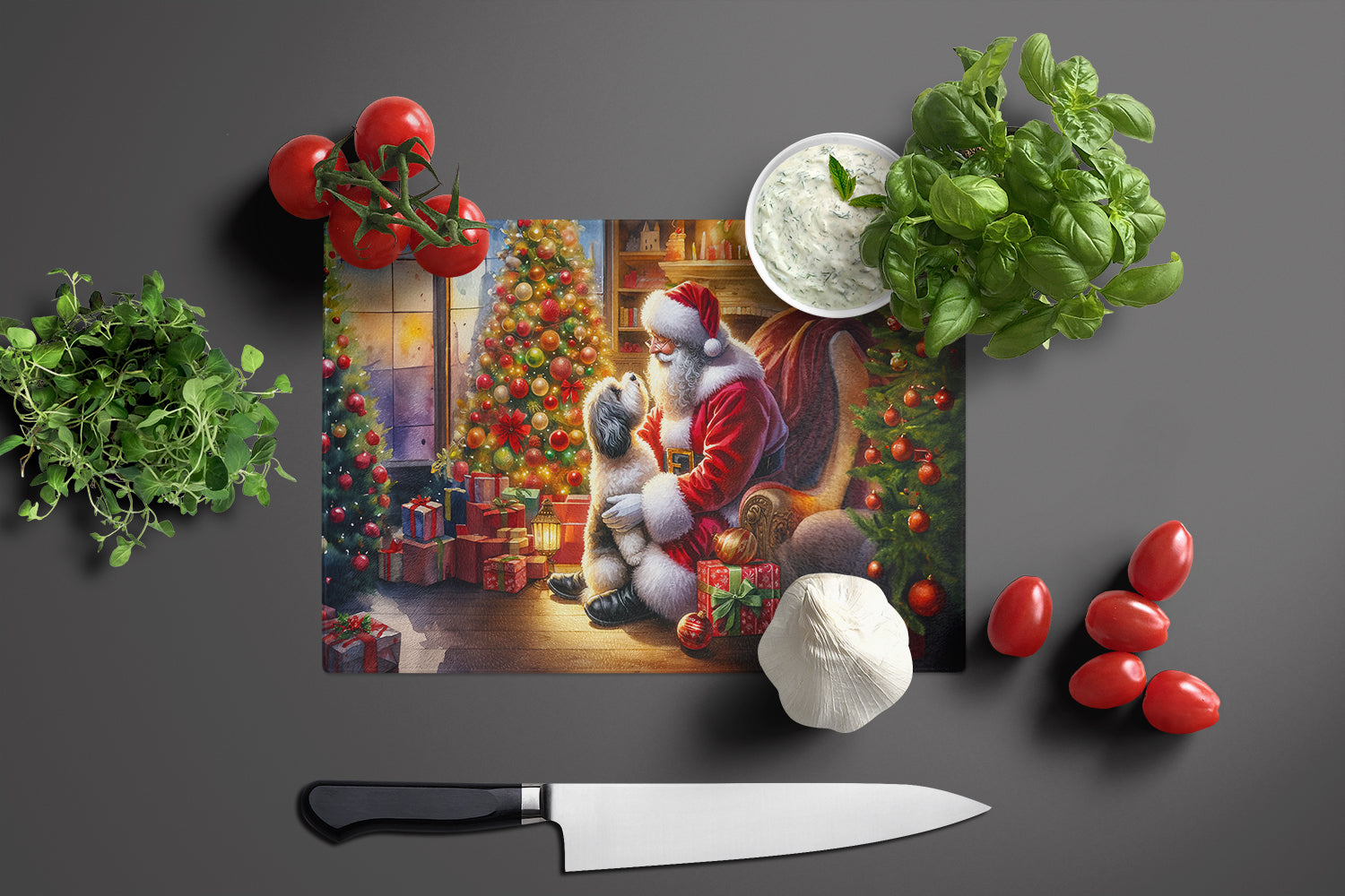 Havanese and Santa Claus Cutting Board Tempered Glass Kitchen Cutting Surface, Heat Resistant Chopping, Non-Slip Feet, Food Prep & Serving