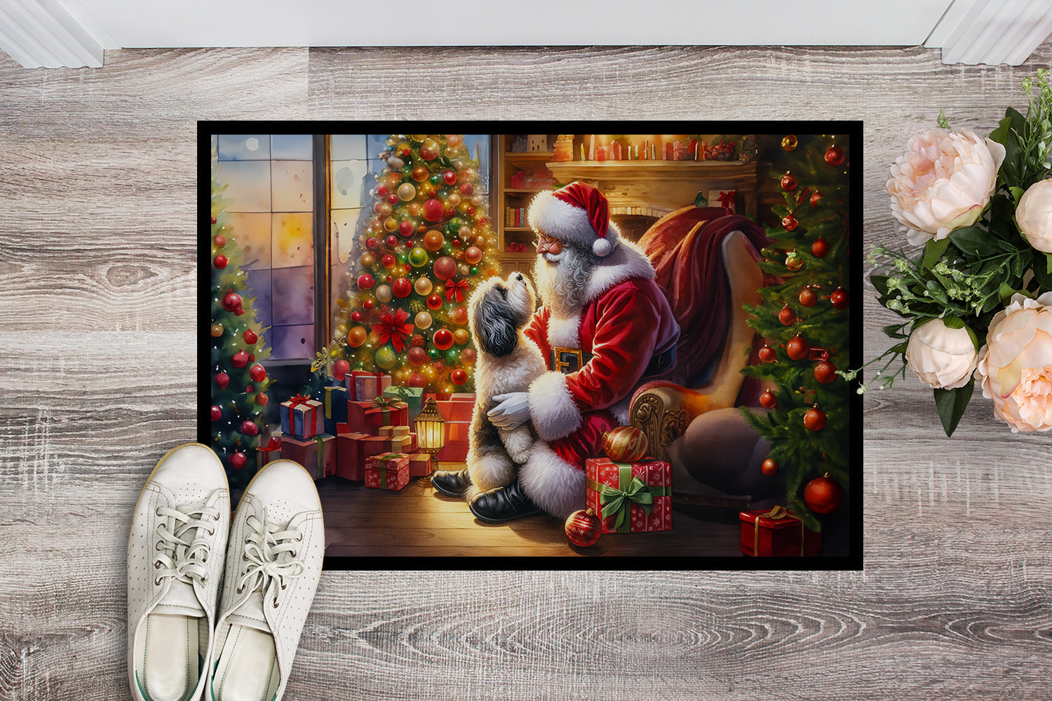 Havanese and Santa Claus Doormat Indoor Outdoor 18H X 27W Front Door Mat Rugs for Entryway, Non Slip Washable