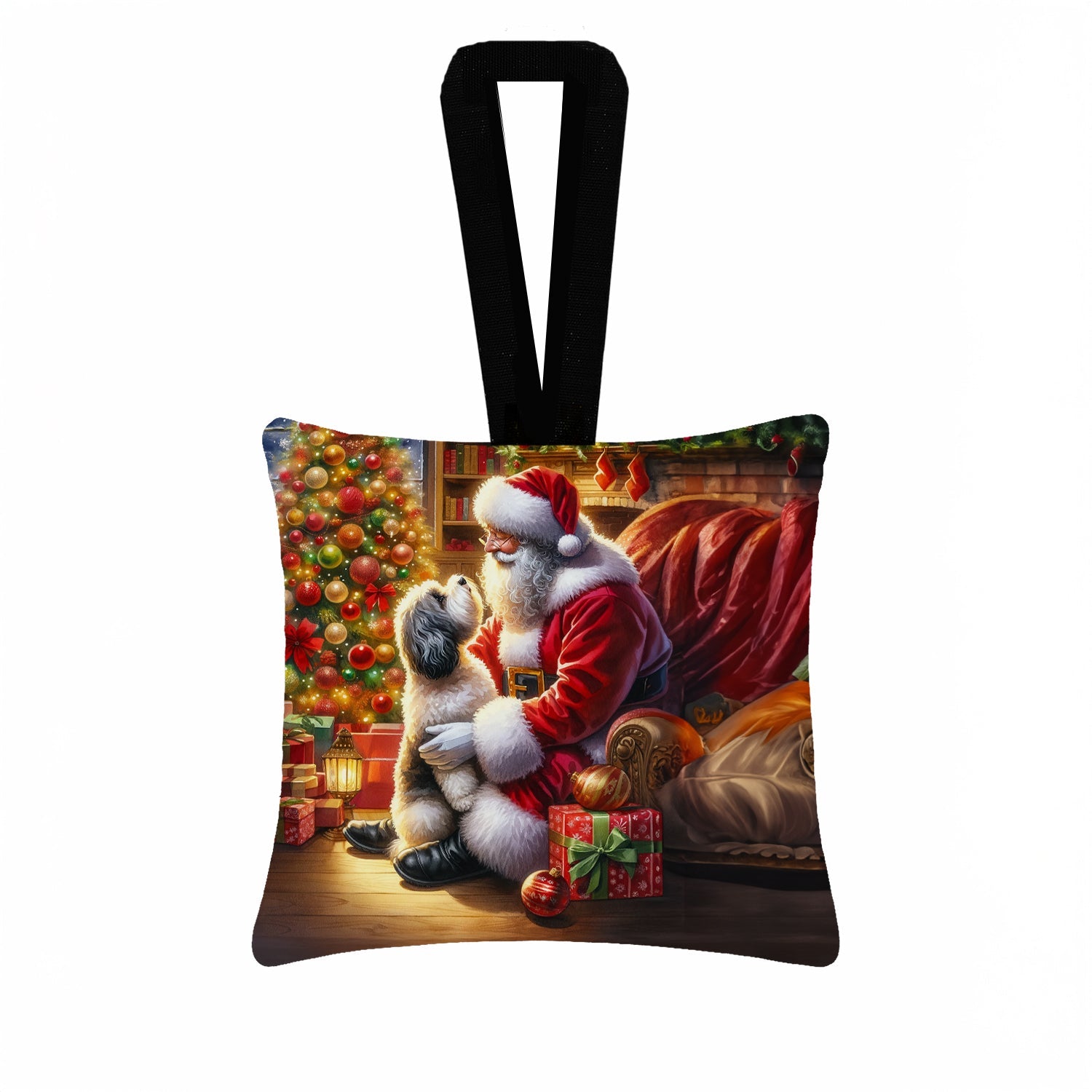 Havanese and Santa Claus Hanging Square Fabric Ornament 3.5 × 3.5 Decorative Door-Knob & Tree Hanger, Soft Fabric