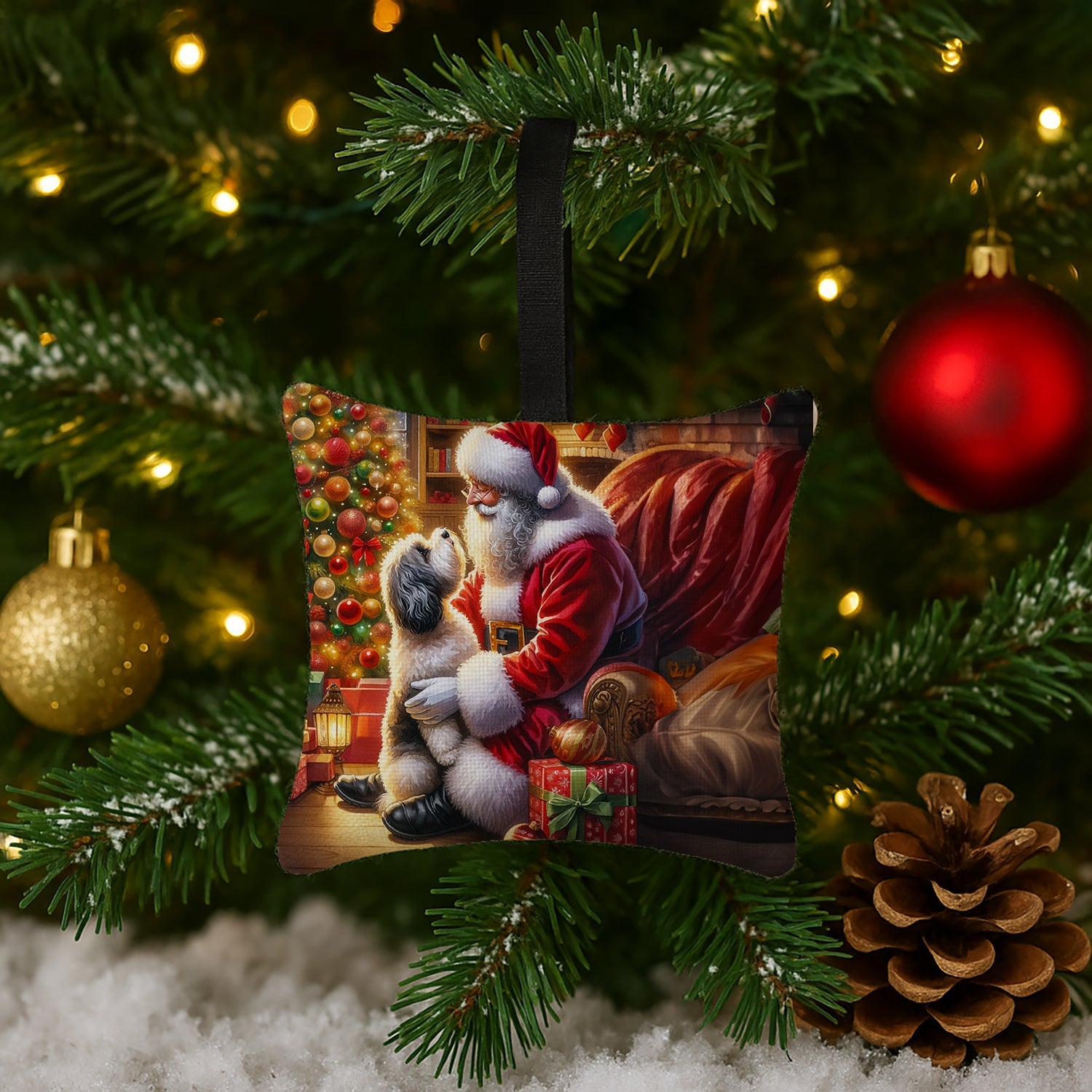 Havanese and Santa Claus Hanging Square Fabric Ornament 3.5 × 3.5 Decorative Door-Knob & Tree Hanger, Soft Fabric