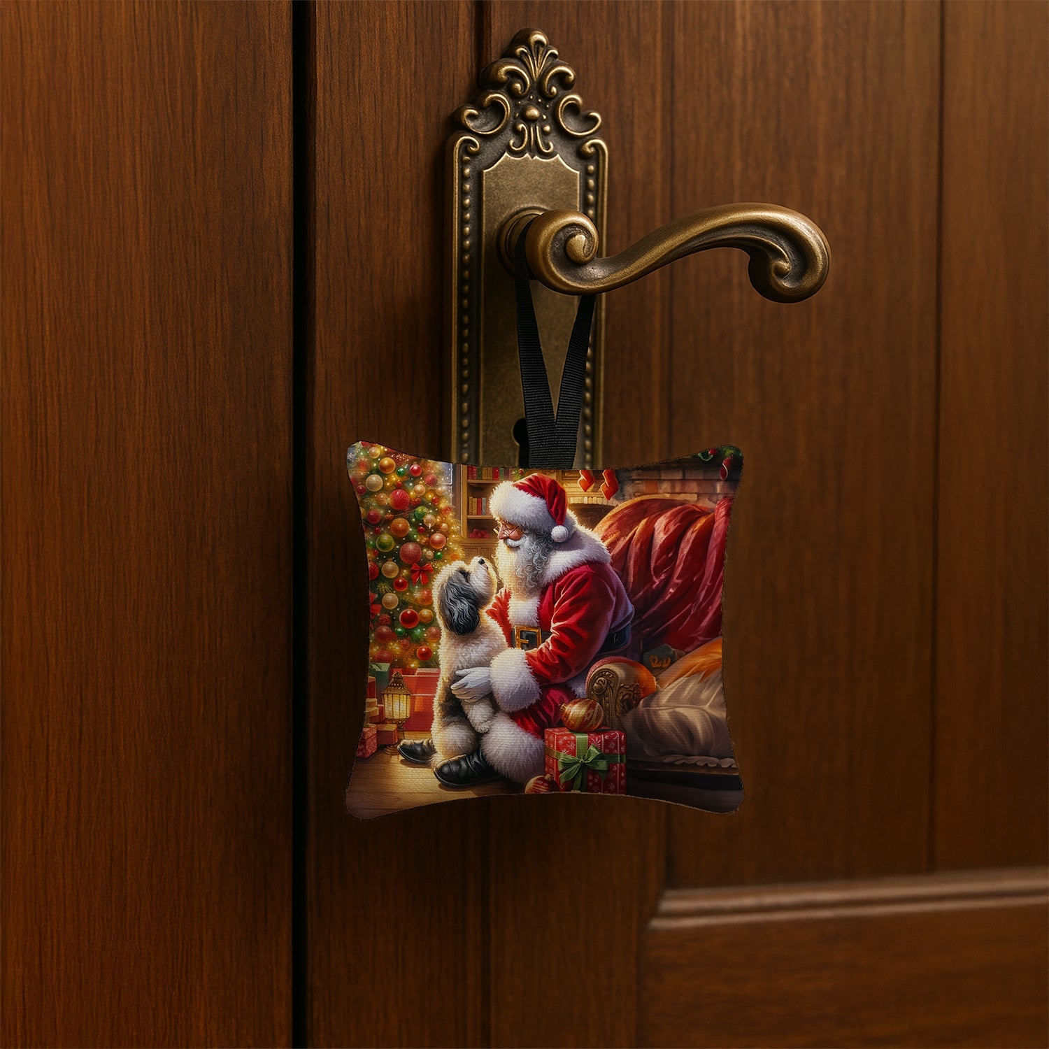 Havanese and Santa Claus Hanging Square Fabric Ornament 3.5 × 3.5 Decorative Door-Knob & Tree Hanger, Soft Fabric