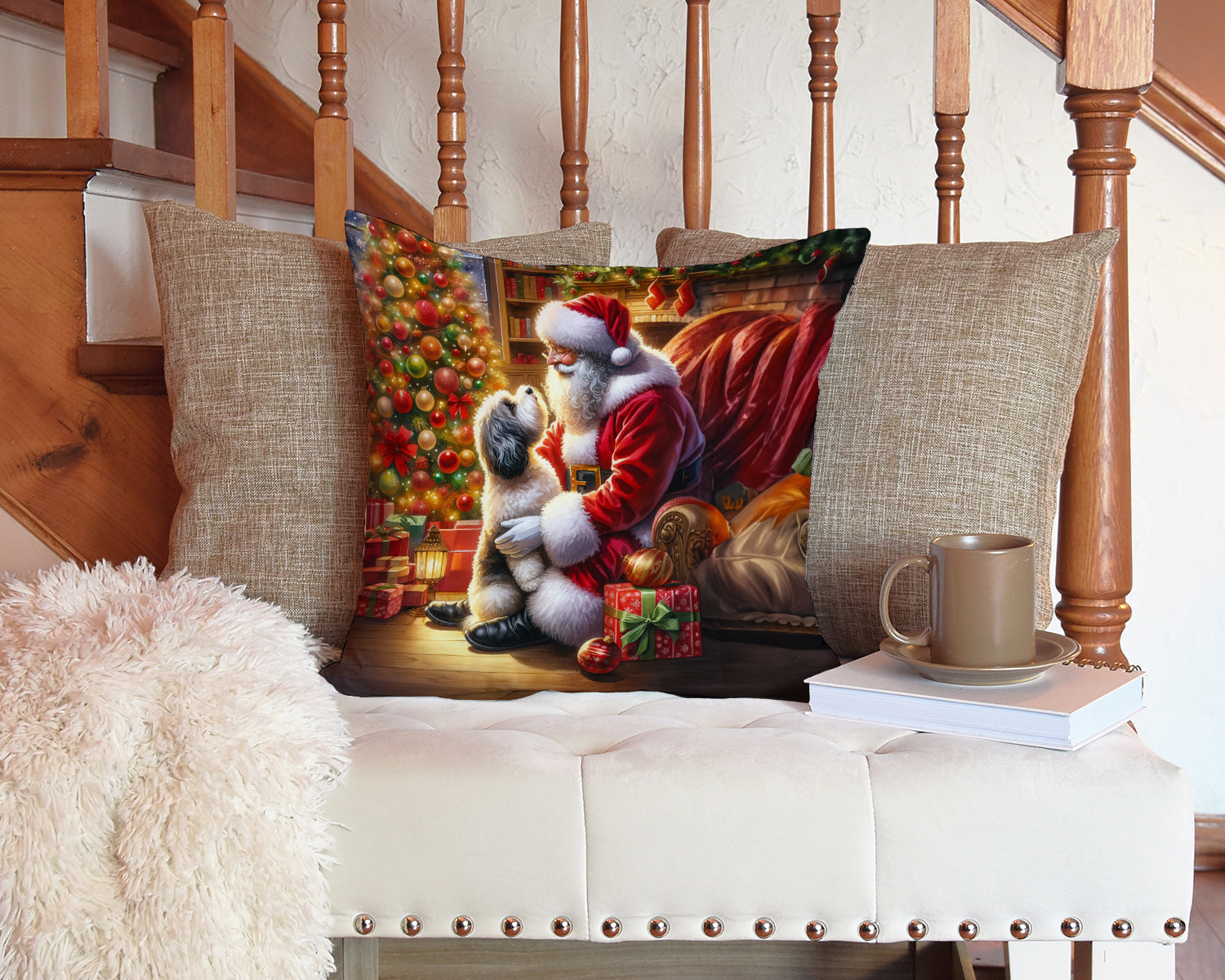 Havanese and Santa Claus Decorative Throw Pillow 14x14 Indoor Outdoor Accent Cushion, Fabric Cover with Insert for Sofa, Bed, Porch & Living Room