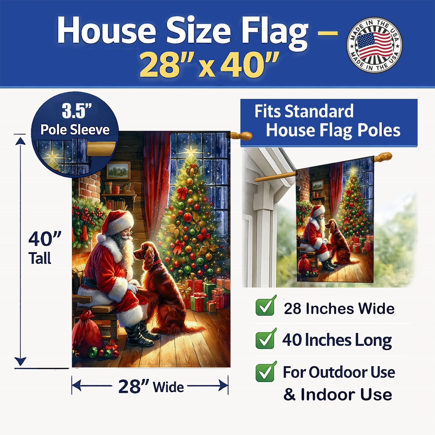 Irish Setter and Santa Claus House Flag 28x40 Porch Sleeve Pole Decorative Outside Yard Banner Artwork Wall Hanging, Polyester