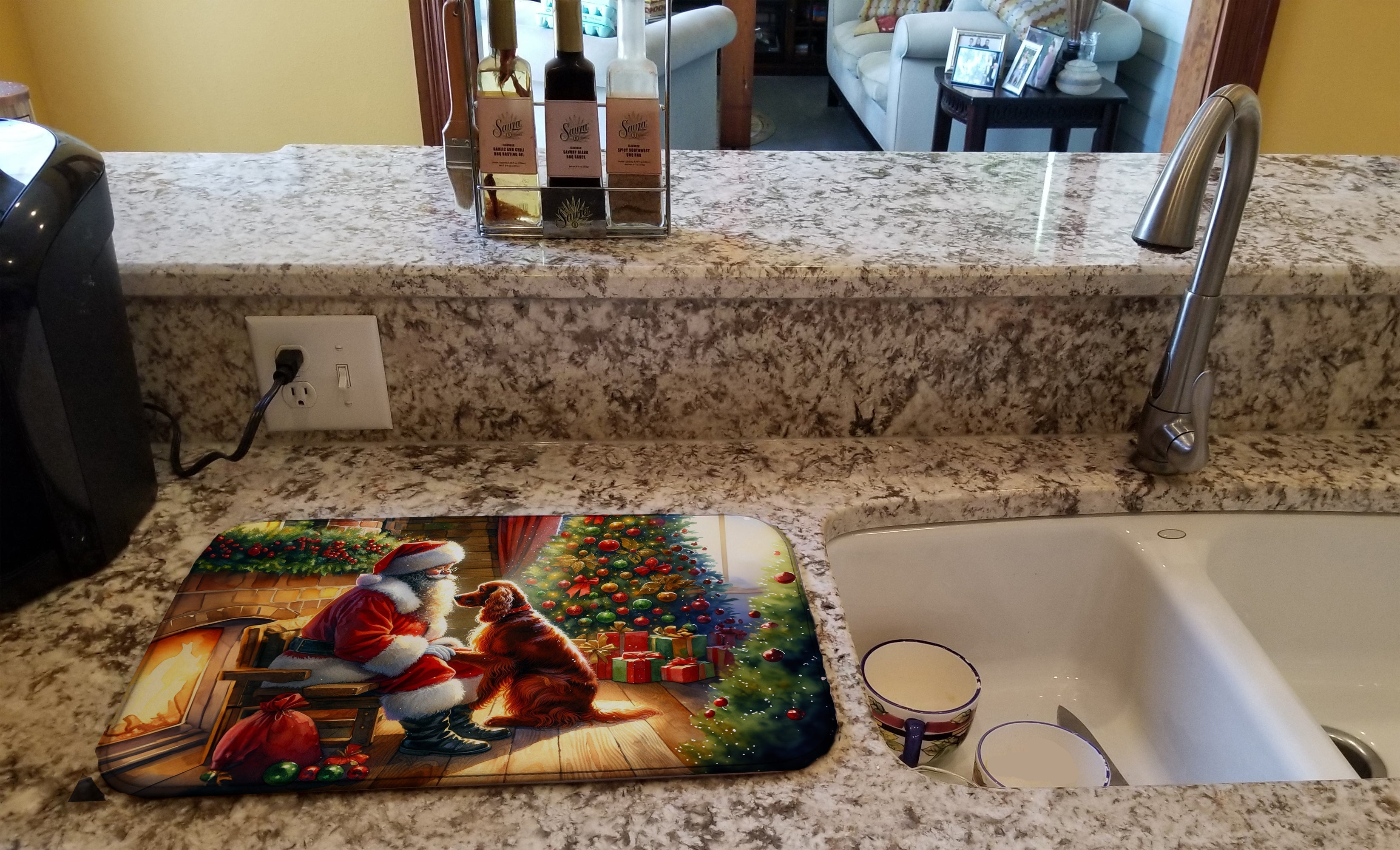 Irish Setter and Santa Claus Dish Drying Mat Absorbent Dish Drying Mat Pad for Kitchen Counter Dish Drainer Mat for Countertop, 14 x 21", Multicolor