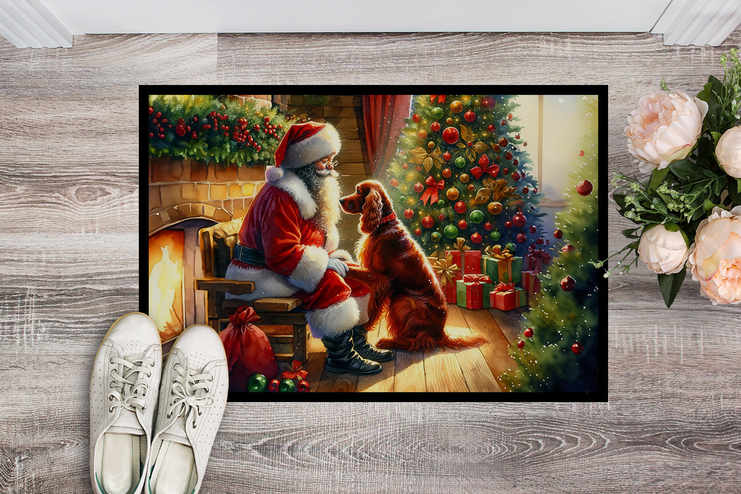Irish Setter and Santa Claus Doormat Indoor Outdoor 24H X 36W Front Door Mat Rugs for Entryway, Non Slip Washable Low Pile,