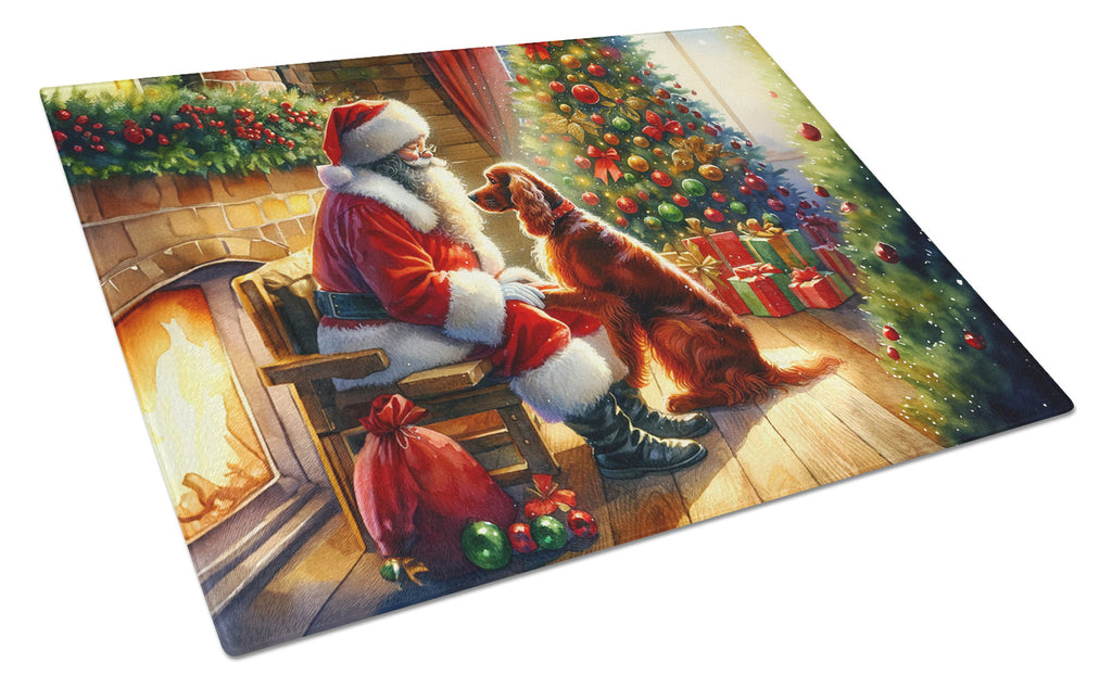 Irish Setter and Santa Claus Cutting Board Tempered Glass Kitchen Cutting Surface, Heat Resistant Chopping, Non-Slip Feet, Food Prep & Serving