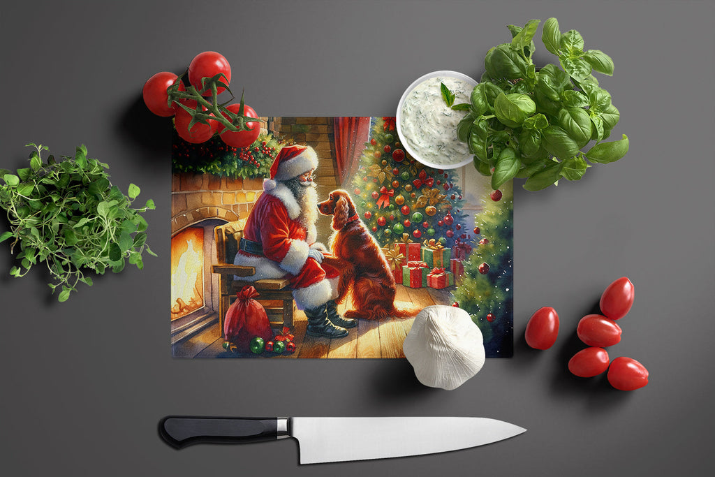Irish Setter and Santa Claus Cutting Board Tempered Glass Kitchen Cutting Surface, Heat Resistant Chopping, Non-Slip Feet, Food Prep & Serving