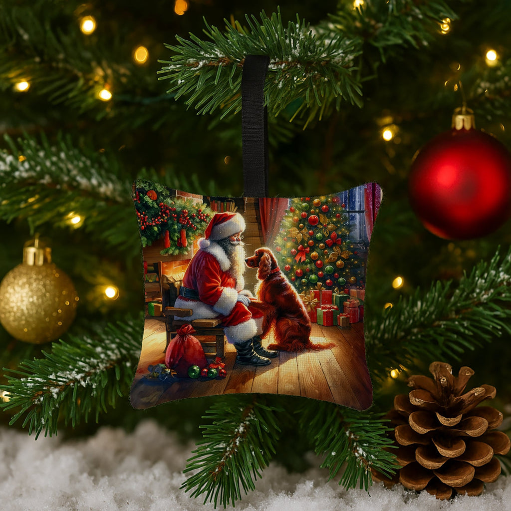 Irish Setter and Santa Claus Hanging Square Fabric Ornament 3.5 × 3.5 Decorative Door-Knob & Tree Hanger, Soft Fabric