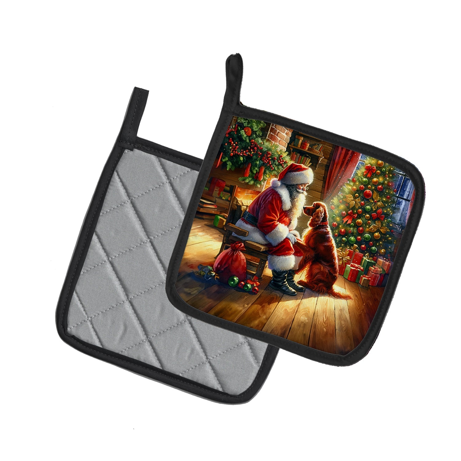 Irish Setter and Santa Claus Pot Holder Set of 2 Heat Resistant Quilted Hot Pads 7.5 x 7.5 Inch, Insulated Kitchen Trivets for Cooking & Baking