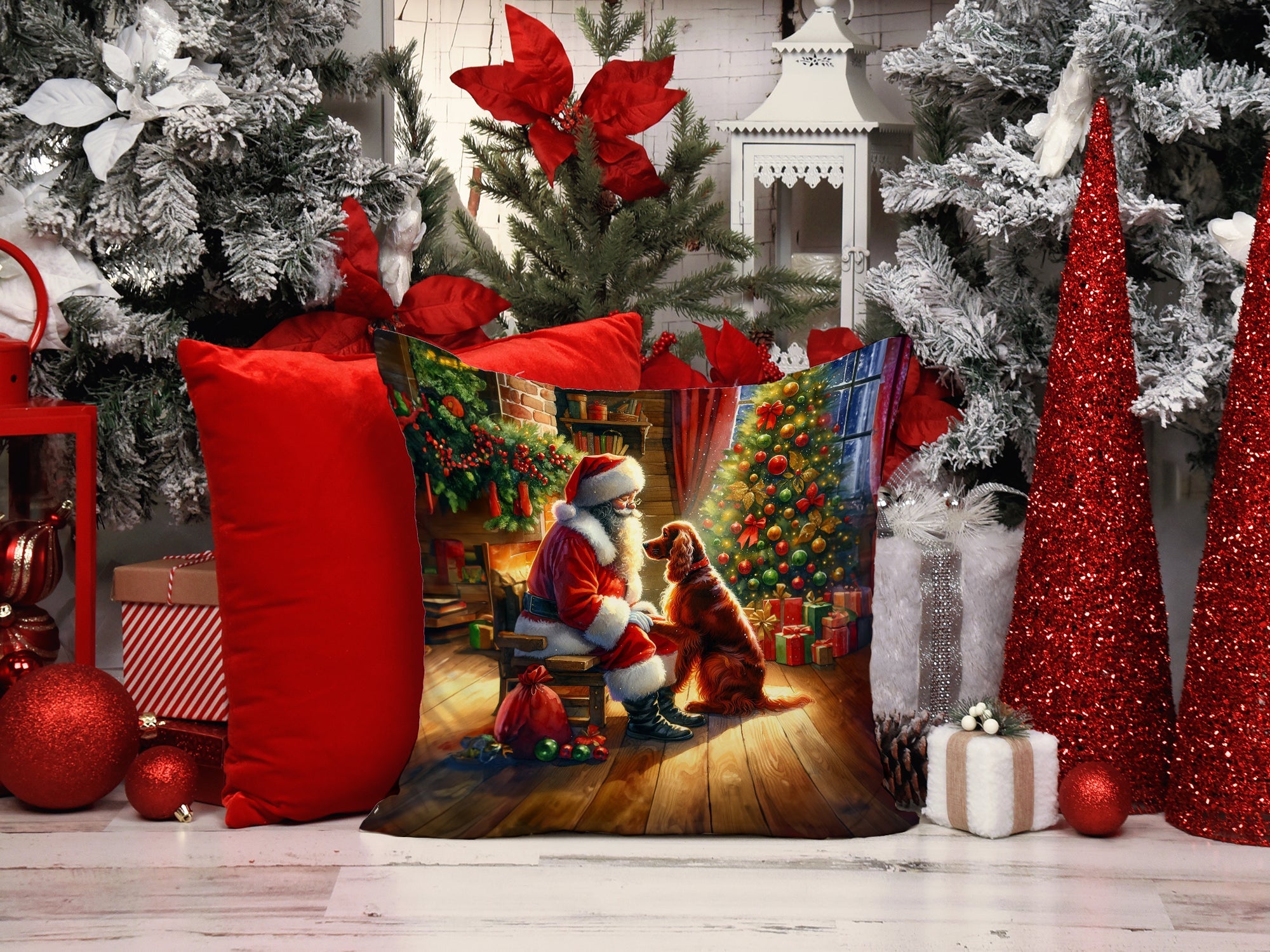 Irish Setter and Santa Claus Decorative Throw Pillow 14x14 Indoor Outdoor Accent Cushion, Fabric Cover with Insert for Sofa, Bed, Porch & Living Room