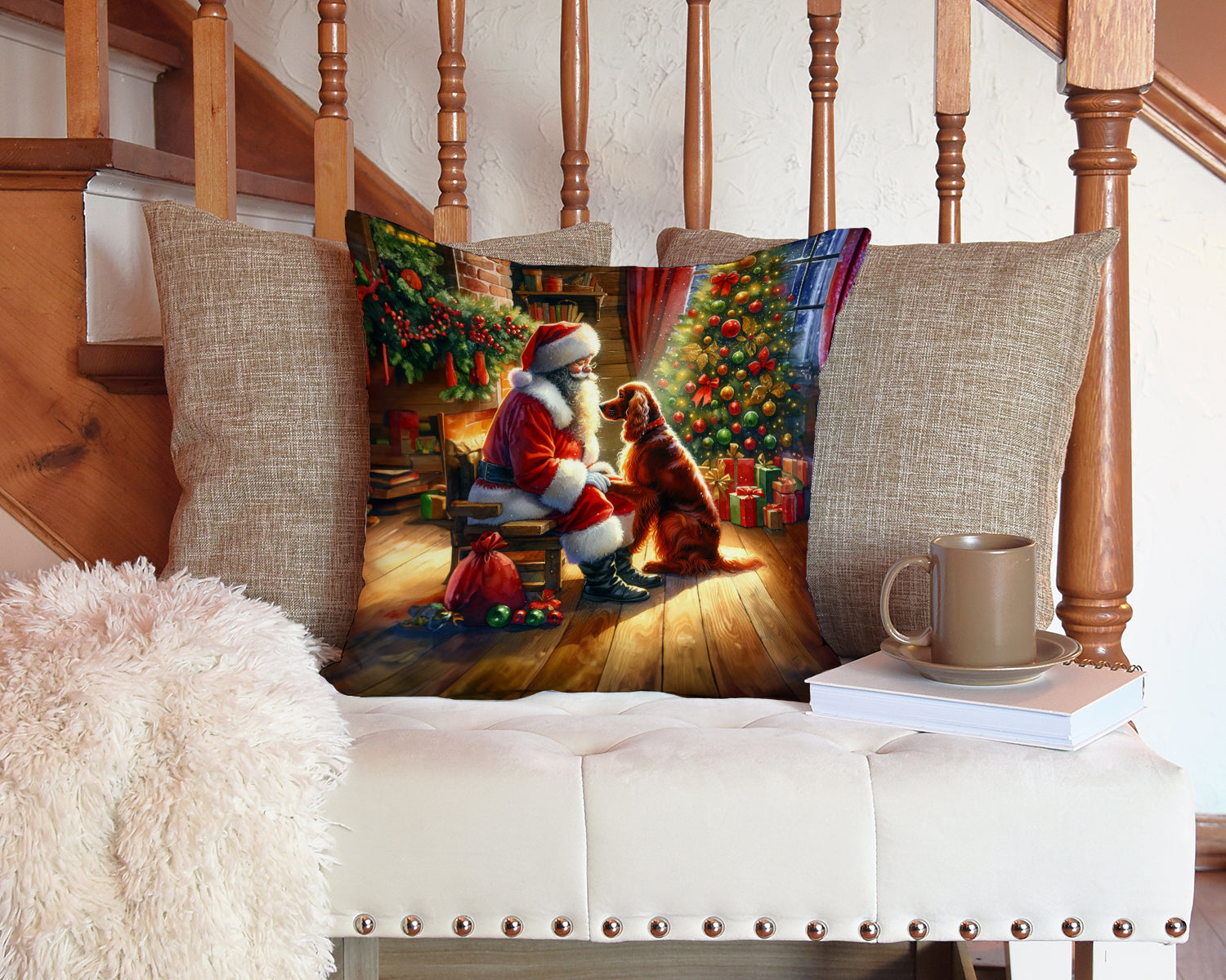 Irish Setter and Santa Claus Decorative Throw Pillow 14x14 Indoor Outdoor Accent Cushion, Fabric Cover with Insert for Sofa, Bed, Porch & Living Room