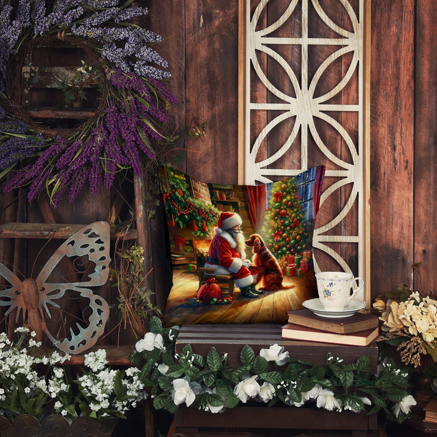 Irish Setter and Santa Claus Decorative Throw Pillow 18x18 Indoor Outdoor Accent Cushion, Fabric Cover with Insert for Sofa, Bed, Porch & Living Room