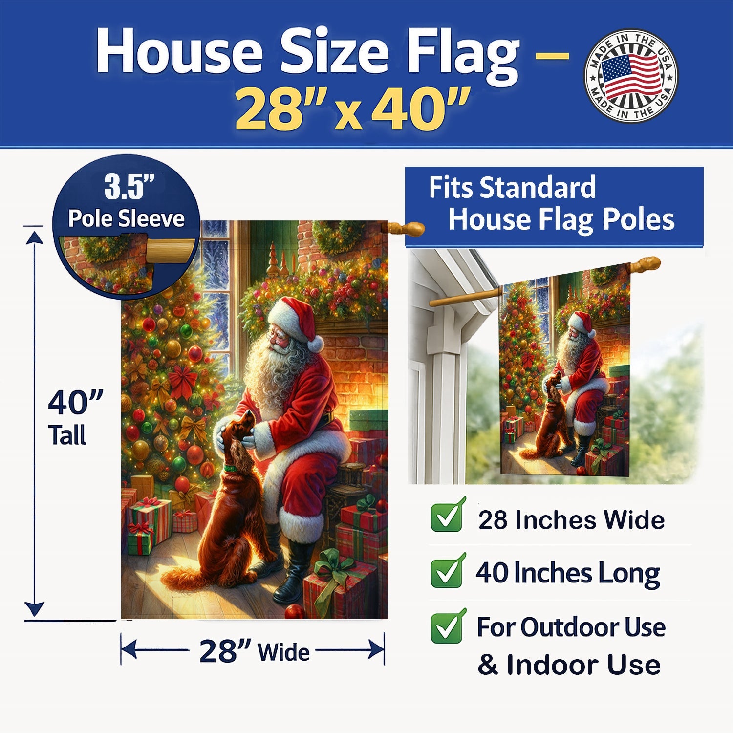 Irish Setter and Santa Claus House Flag 28x40 Porch Sleeve Pole Decorative Outside Yard Banner Artwork Wall Hanging, Polyester