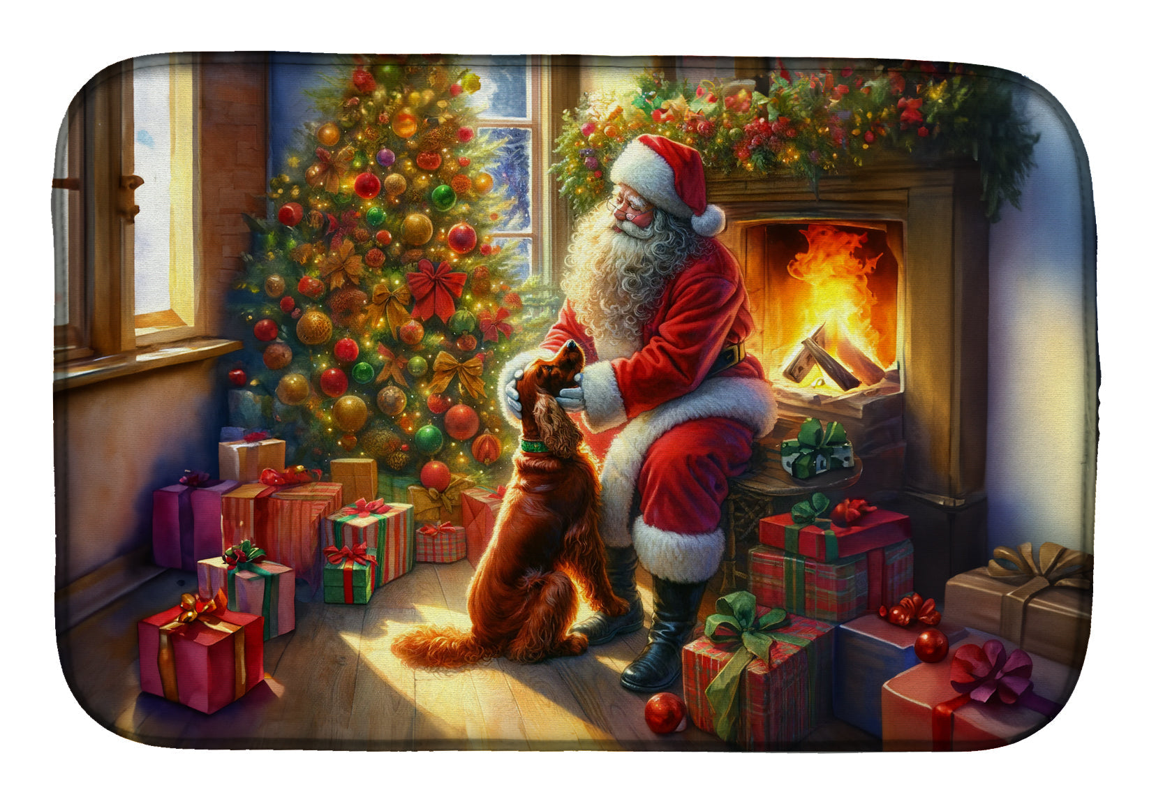 Irish Setter and Santa Claus Dish Drying Mat Absorbent Dish Drying Mat Pad for Kitchen Counter Dish Drainer Mat for Countertop, 14 x 21", Multicolor
