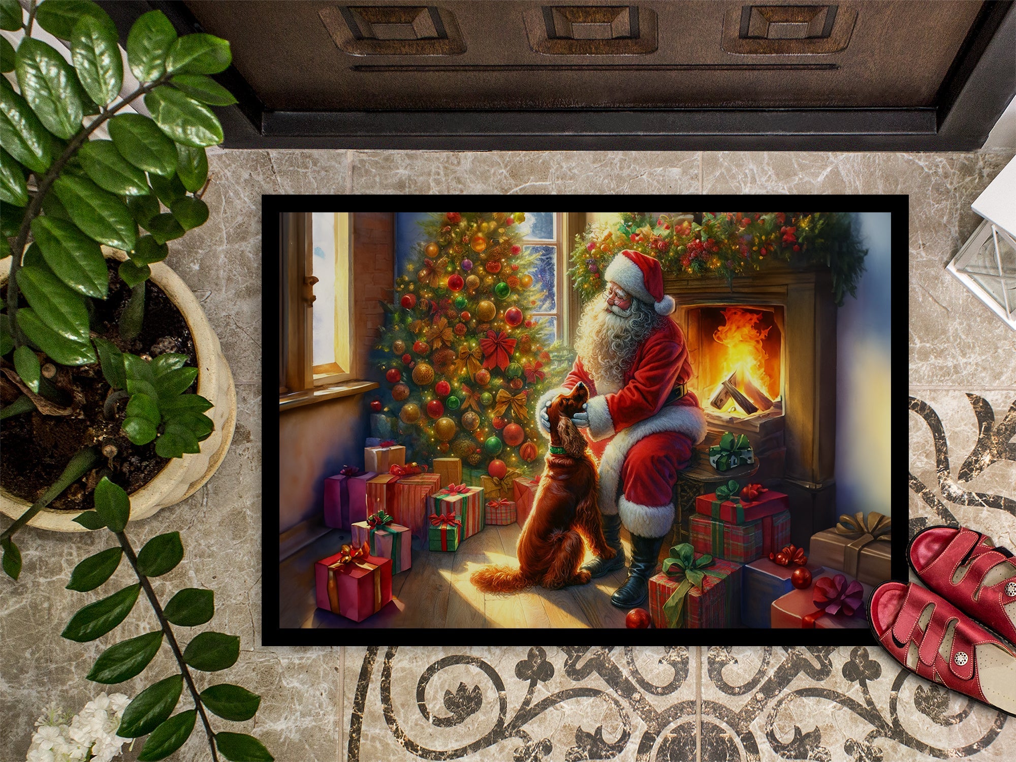 Irish Setter and Santa Claus Doormat Indoor Outdoor 24H X 36W Front Door Mat Rugs for Entryway, Non Slip Washable Low Pile,