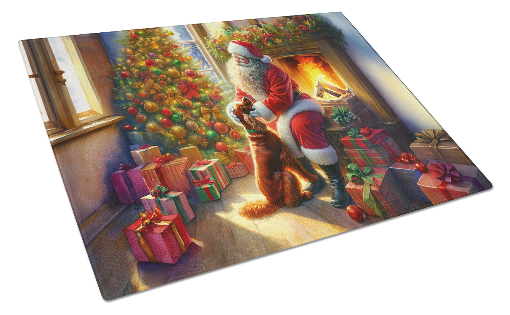 Irish Setter and Santa Claus Cutting Board Tempered Glass Kitchen Cutting Surface, Heat Resistant Chopping, Non-Slip Feet, Food Prep & Serving