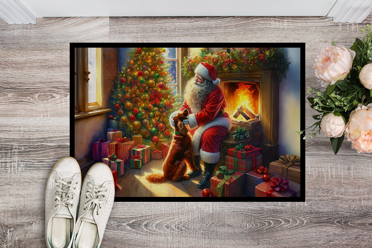 Irish Setter and Santa Claus Doormat Indoor Outdoor 18H X 27W Front Door Mat Rugs for Entryway, Non Slip Washable