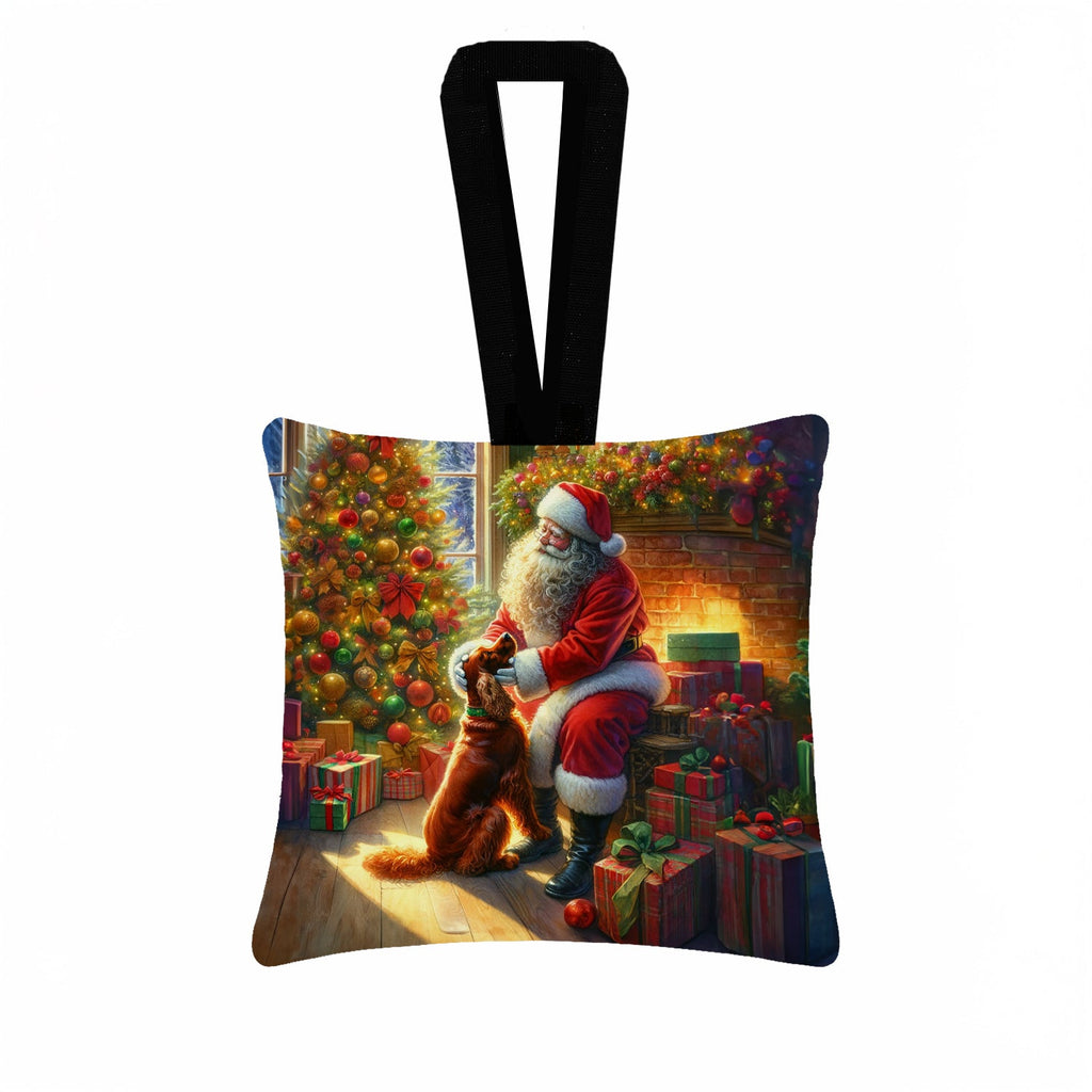 Irish Setter and Santa Claus Hanging Square Fabric Ornament 3.5 × 3.5 Decorative Door-Knob & Tree Hanger, Soft Fabric