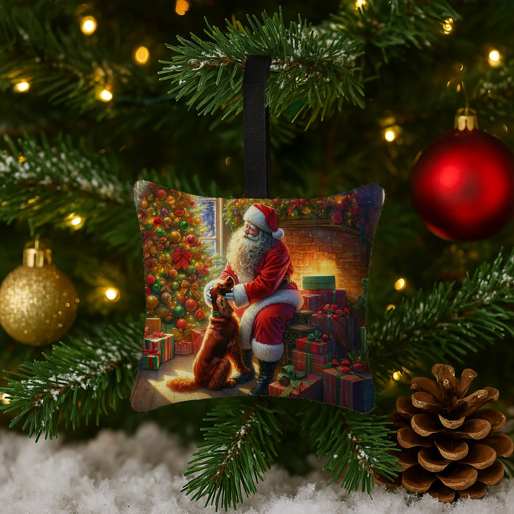 Irish Setter and Santa Claus Hanging Square Fabric Ornament 3.5 × 3.5 Decorative Door-Knob & Tree Hanger, Soft Fabric
