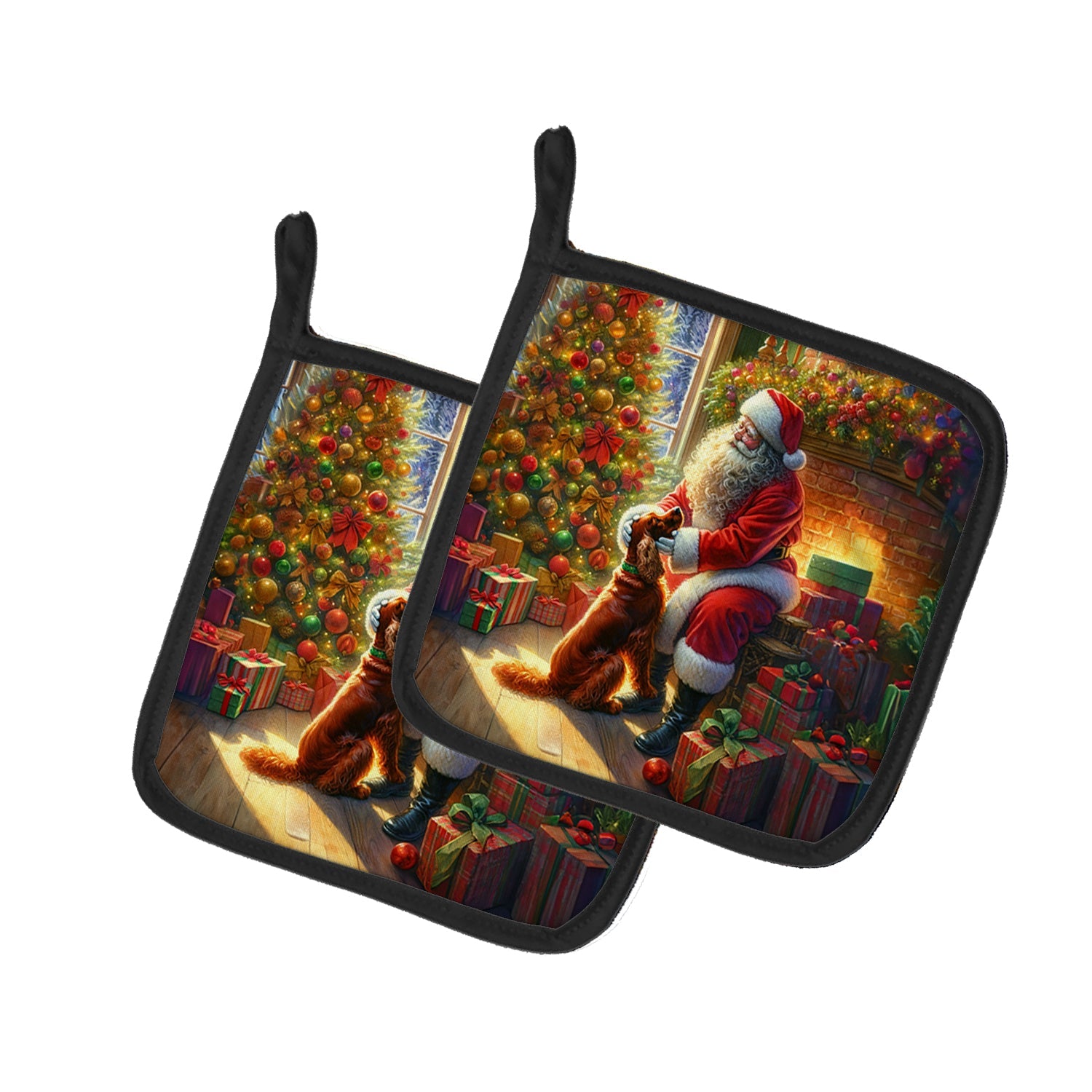 Irish Setter and Santa Claus Pot Holder Set of 2 Heat Resistant Quilted Hot Pads 7.5 x 7.5 Inch, Insulated Kitchen Trivets for Cooking & Baking