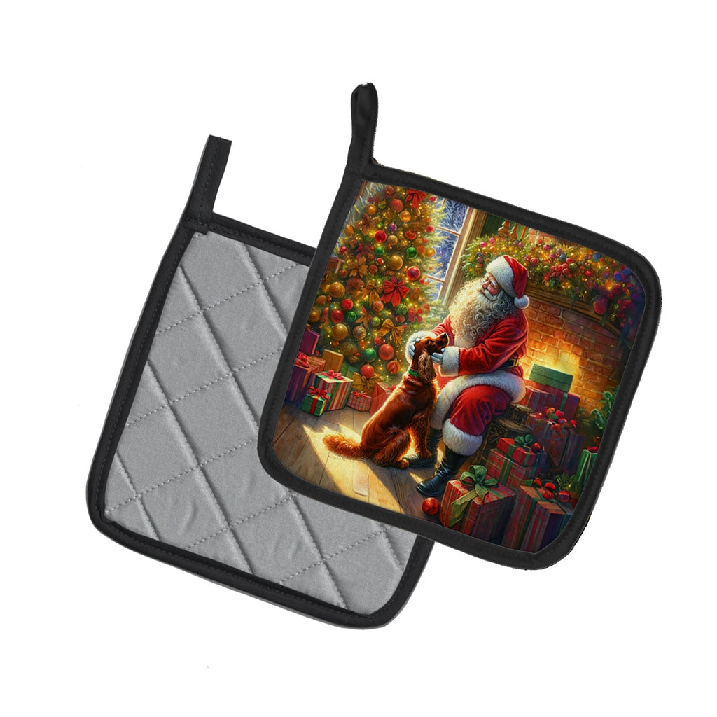 Irish Setter and Santa Claus Pot Holder Set of 2 Heat Resistant Quilted Hot Pads 7.5 x 7.5 Inch, Insulated Kitchen Trivets for Cooking & Baking