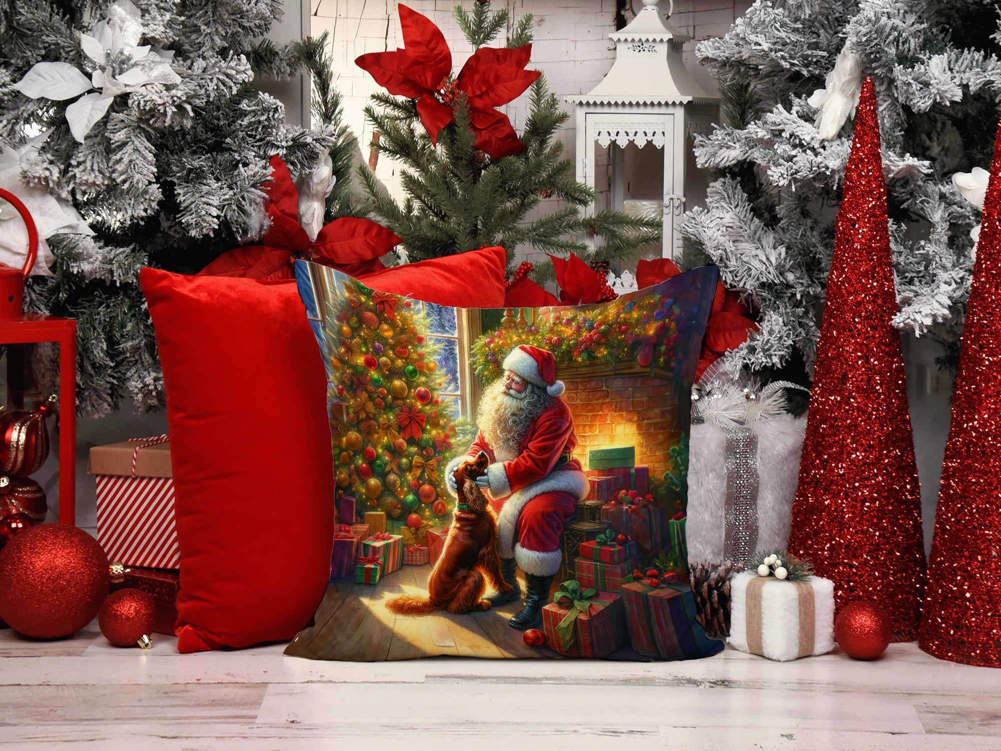 Irish Setter and Santa Claus Decorative Throw Pillow 14x14 Indoor Outdoor Accent Cushion, Fabric Cover with Insert for Sofa, Bed, Porch & Living Room