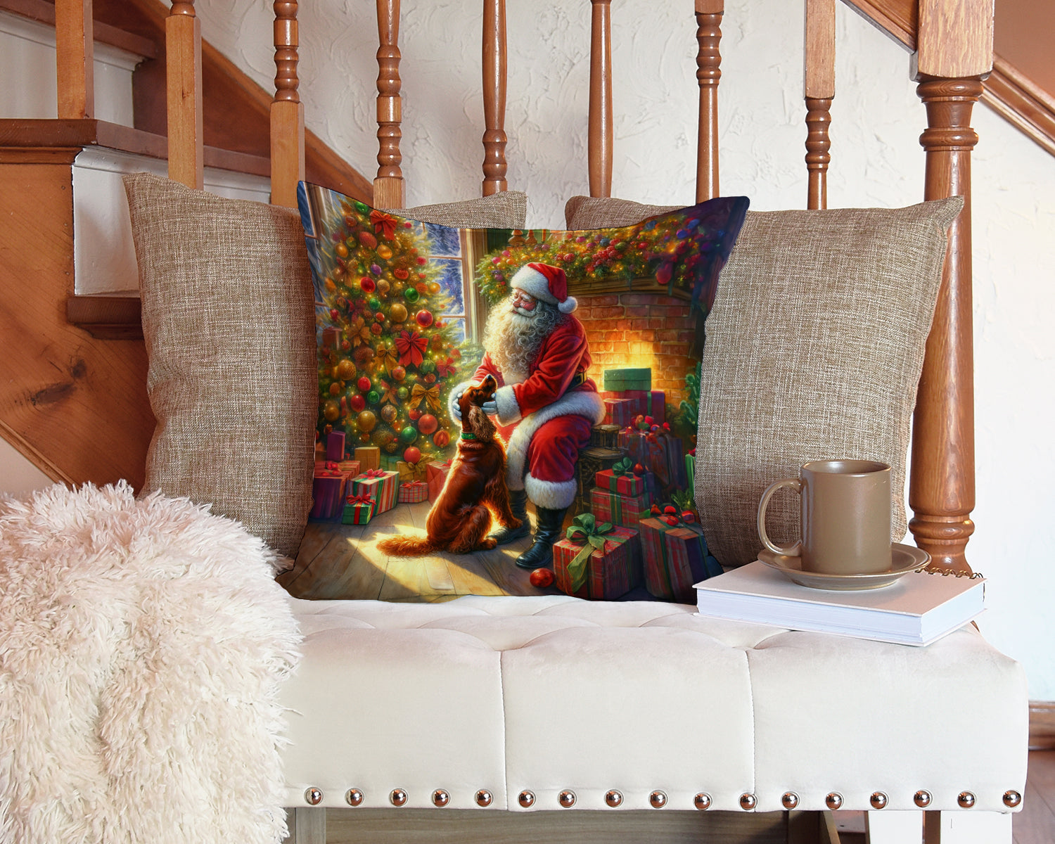Irish Setter and Santa Claus Decorative Throw Pillow 14x14 Indoor Outdoor Accent Cushion, Fabric Cover with Insert for Sofa, Bed, Porch & Living Room