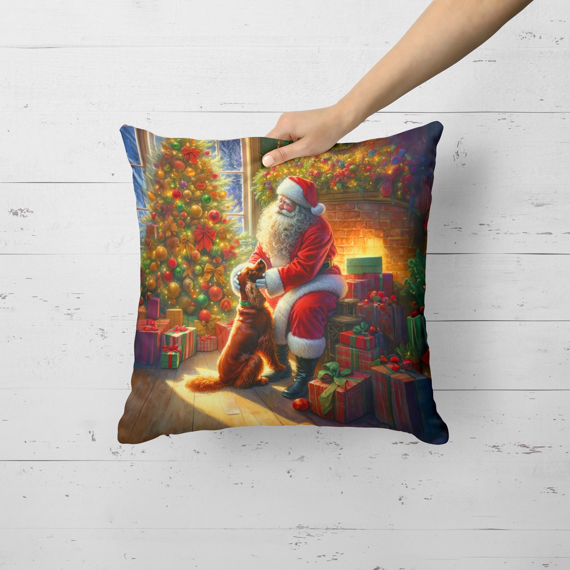 Irish Setter and Santa Claus Decorative Throw Pillow 18x18 Indoor Outdoor Accent Cushion, Fabric Cover with Insert for Sofa, Bed, Porch & Living Room