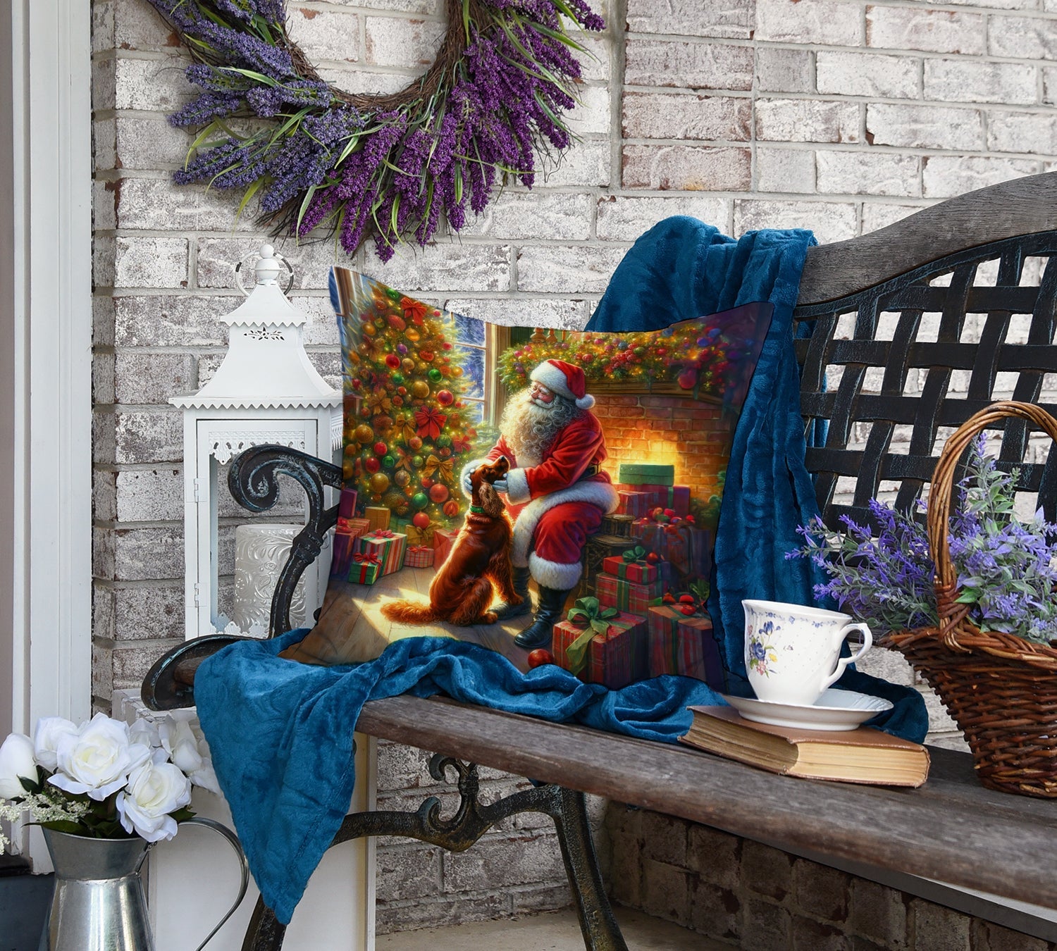 Irish Setter and Santa Claus Decorative Throw Pillow 18x18 Indoor Outdoor Accent Cushion, Fabric Cover with Insert for Sofa, Bed, Porch & Living Room