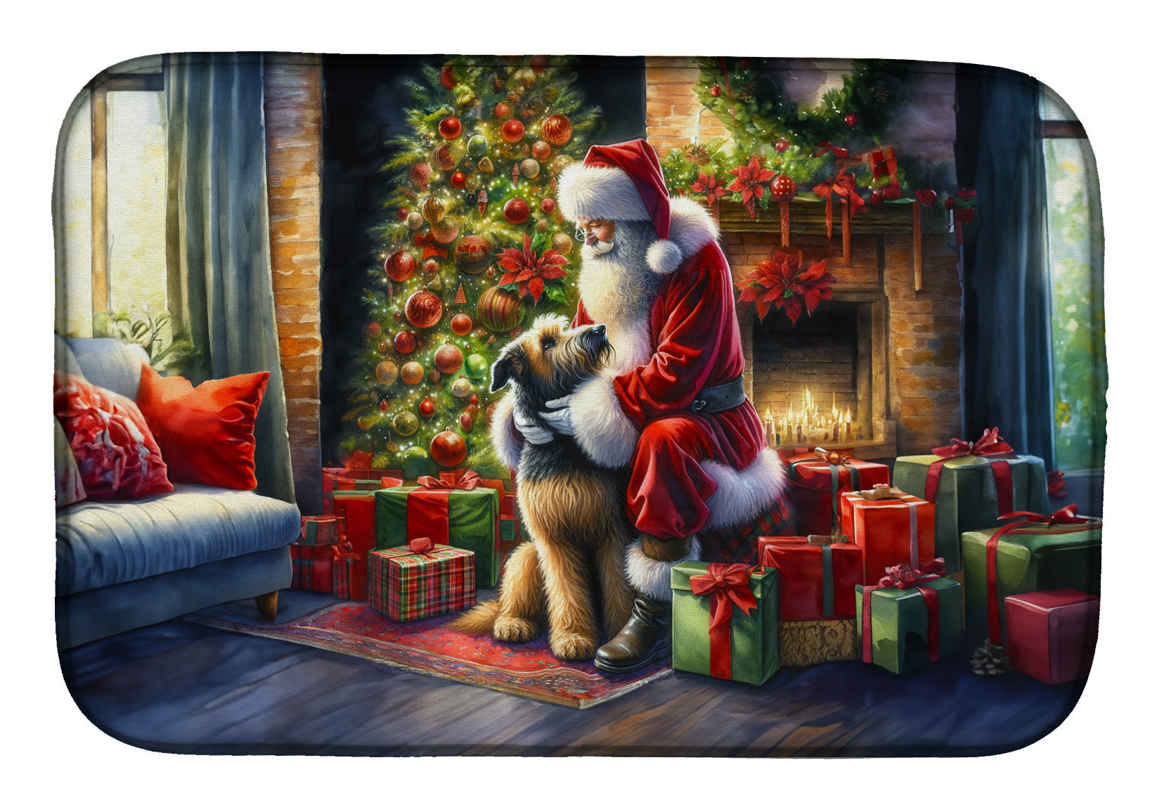 Irish Wolfhound and Santa Claus Dish Drying Mat Absorbent Dish Drying Mat Pad for Kitchen Counter Dish Drainer Mat for Countertop, 14 x 21", Multicolor