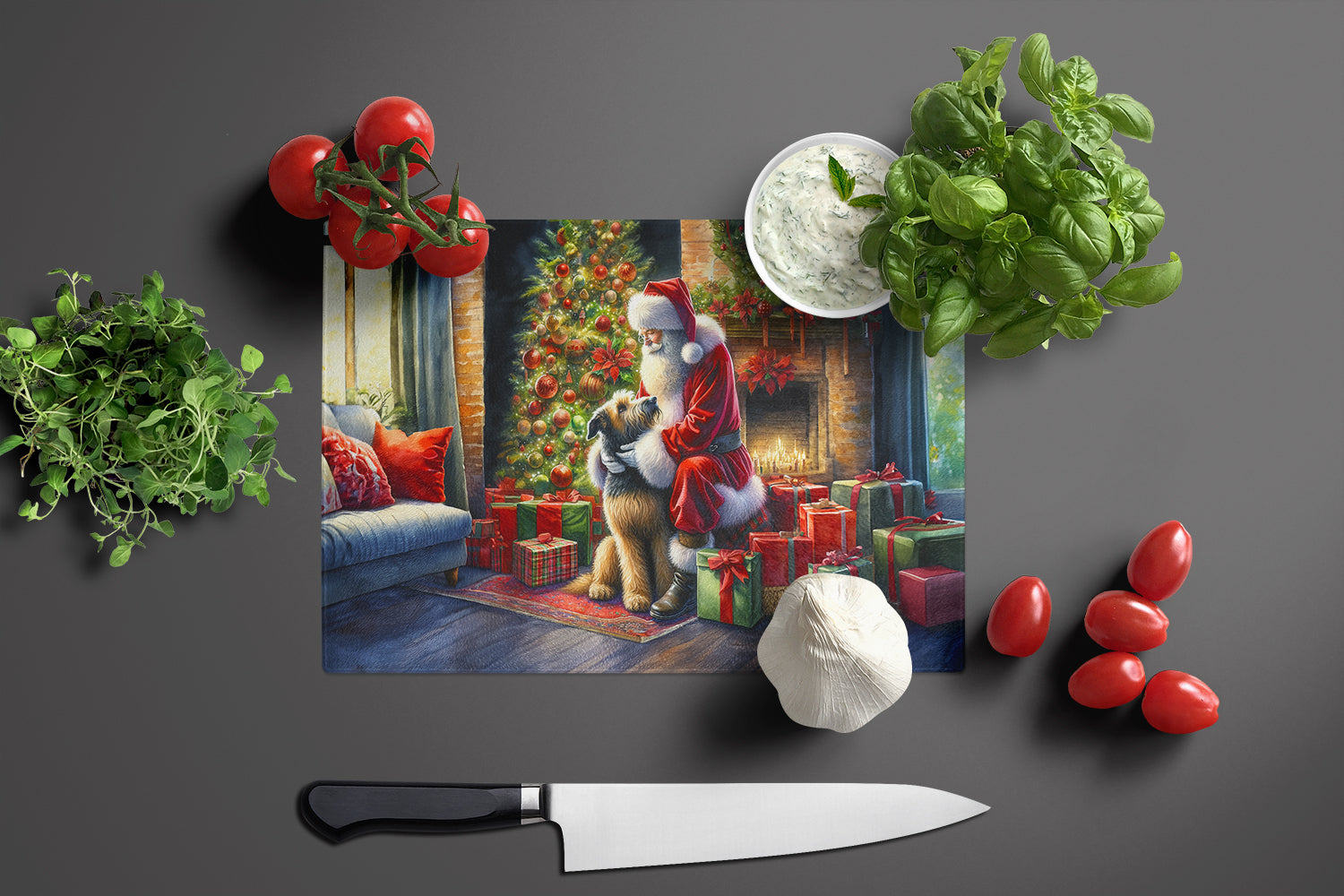 Irish Wolfhound and Santa Claus Cutting Board Tempered Glass Kitchen Cutting Surface, Heat Resistant Chopping, Non-Slip Feet, Food Prep & Serving