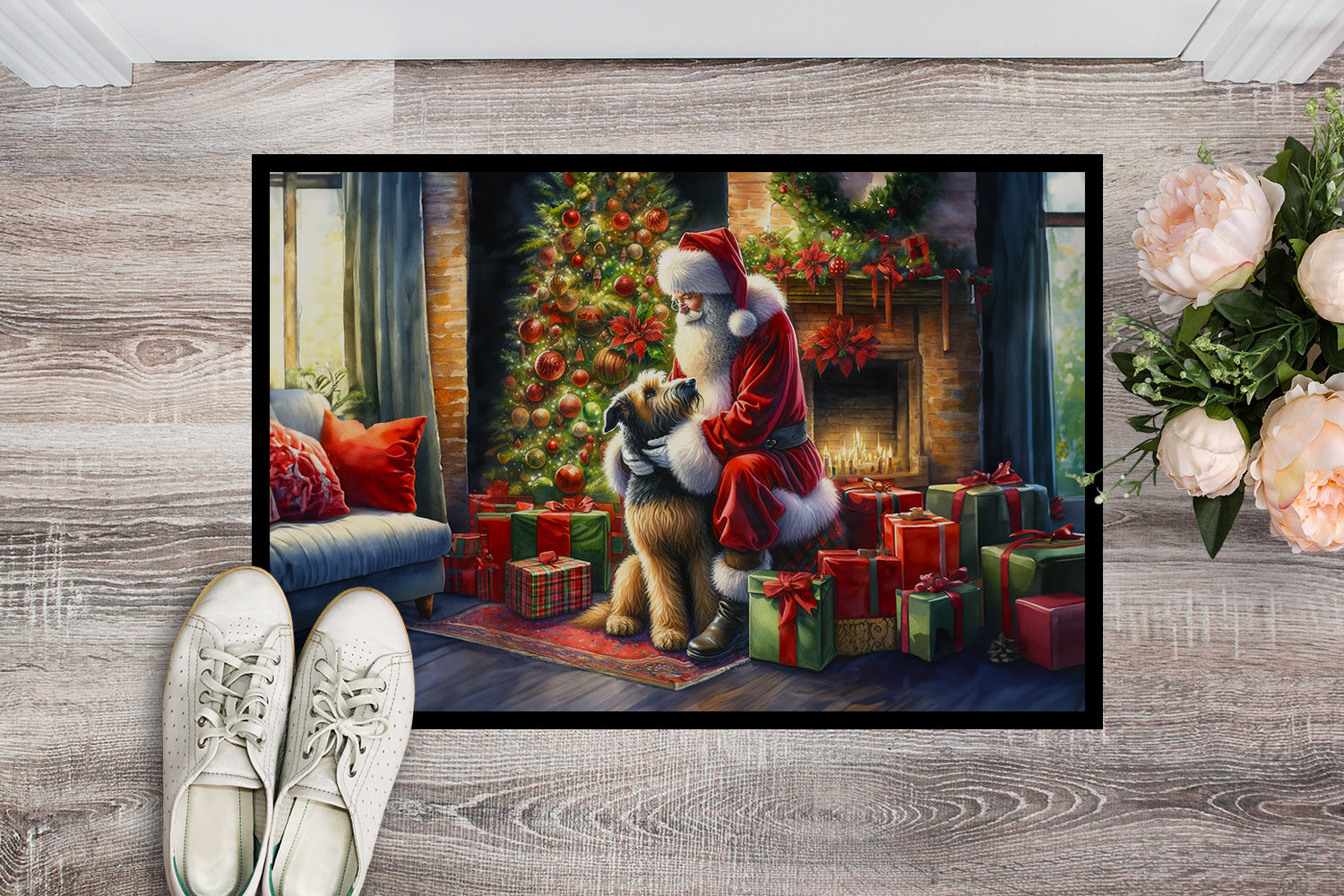 Irish Wolfhound and Santa Claus Doormat Indoor Outdoor 18H X 27W Front Door Mat Rugs for Entryway, Non Slip Washable