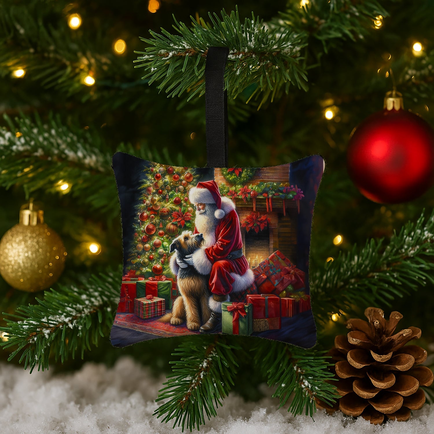 Irish Wolfhound and Santa Claus Hanging Square Fabric Ornament 3.5 × 3.5 Decorative Door-Knob & Tree Hanger, Soft Fabric